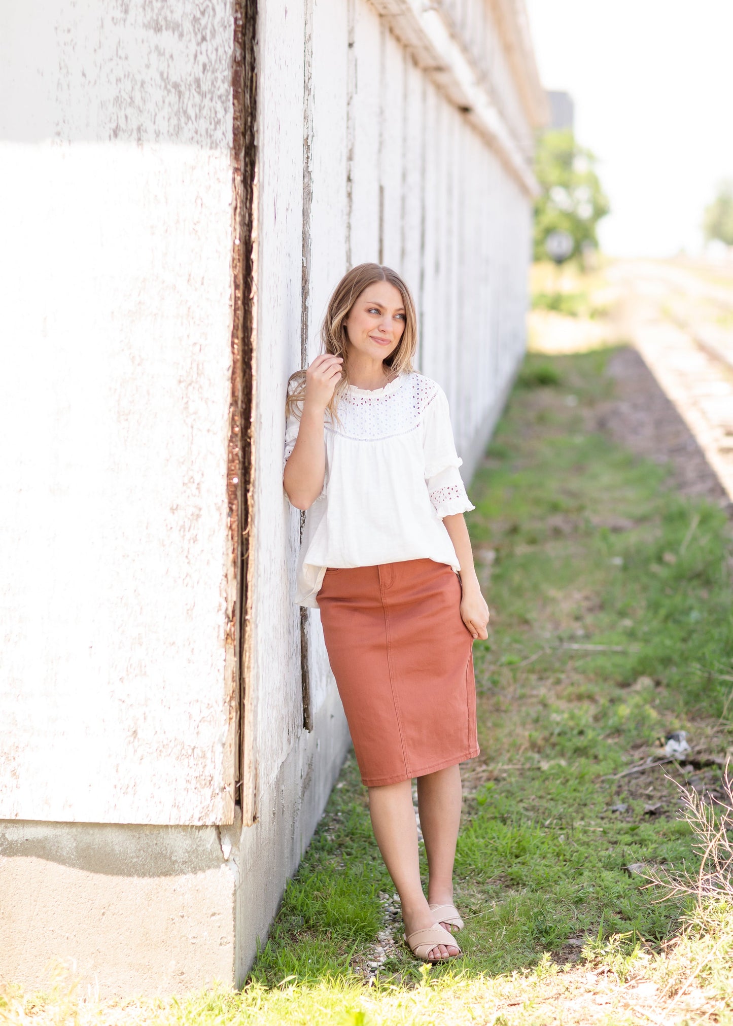 Remi Rusty Brick Denim Midi Skirt Skirts
