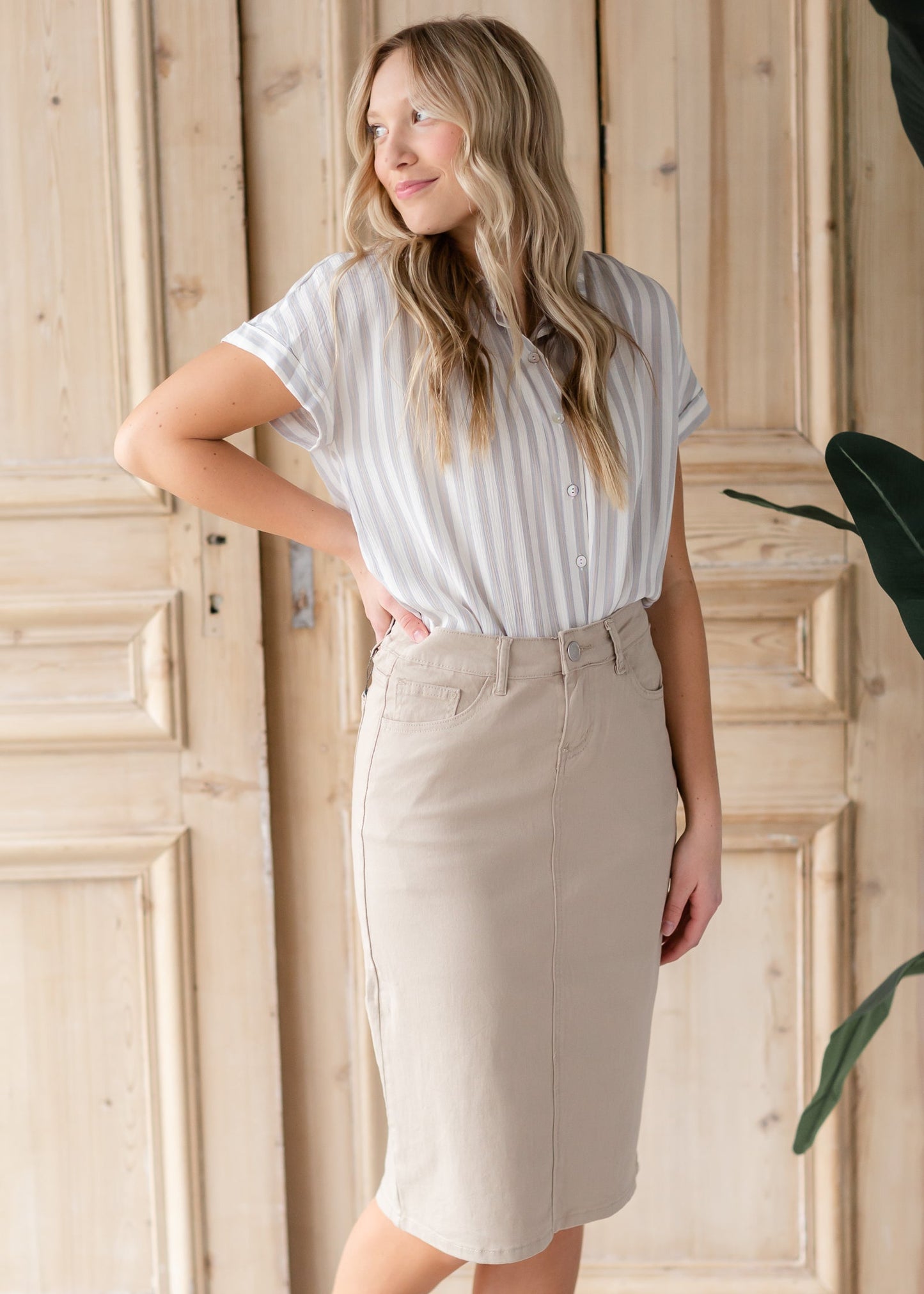 Remi Tawny Taupe Denim Midi Skirt Sheer Dent Beauty