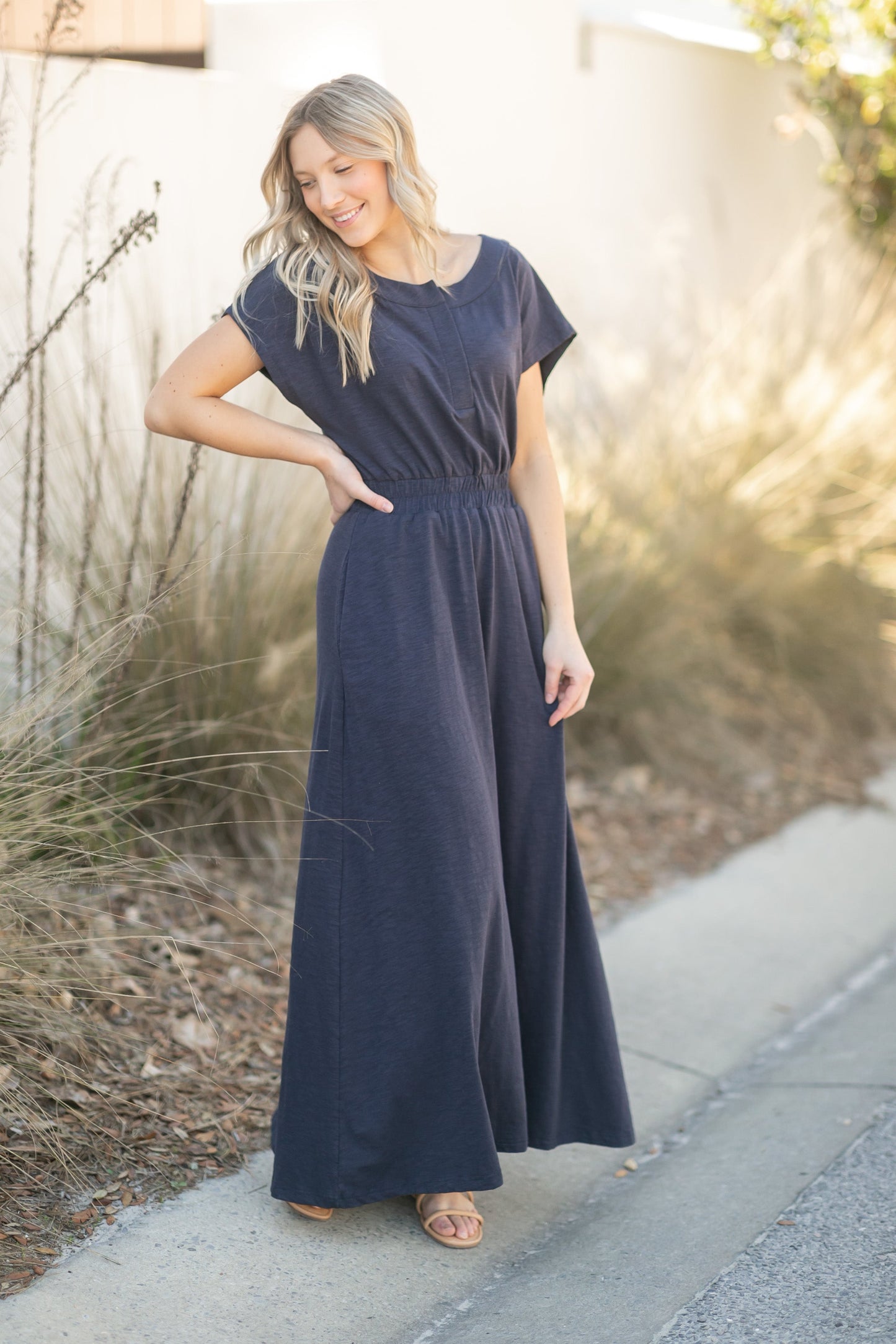 Reva Cinched Waist Essential Maxi Dress Dresses Navy / XS