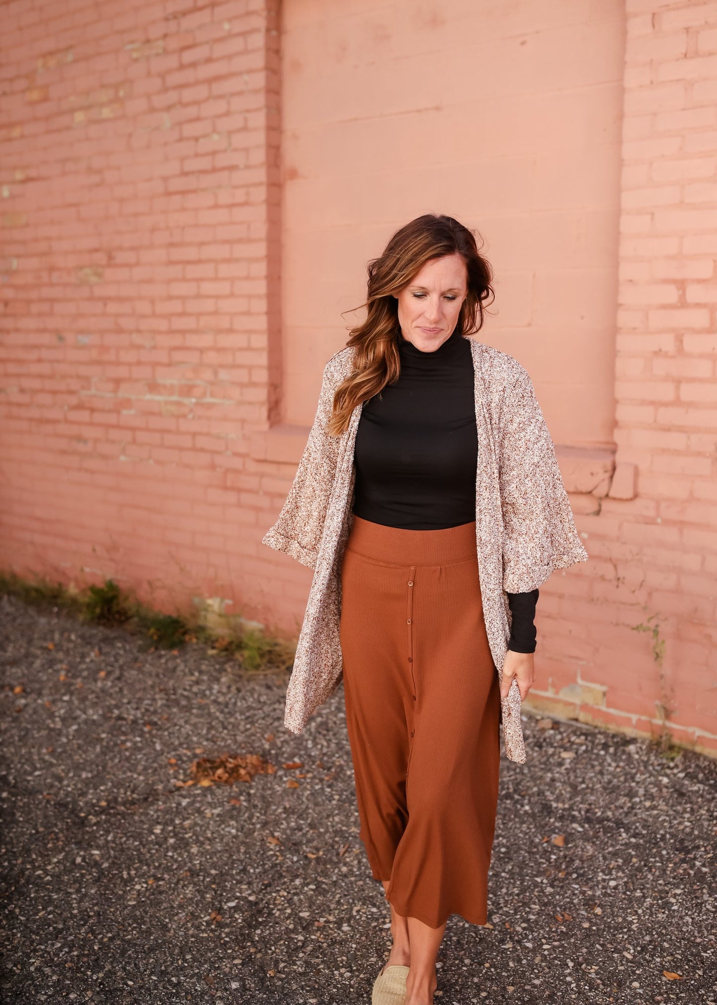 Rib Knit Button Front Midi Skirt Skirts Grade & Gather Brick / S