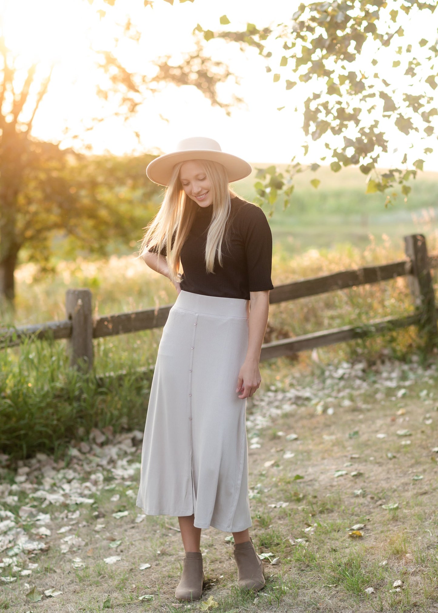 Rib Knit Button Front Midi Skirt Skirts Grade & Gather Natural / S