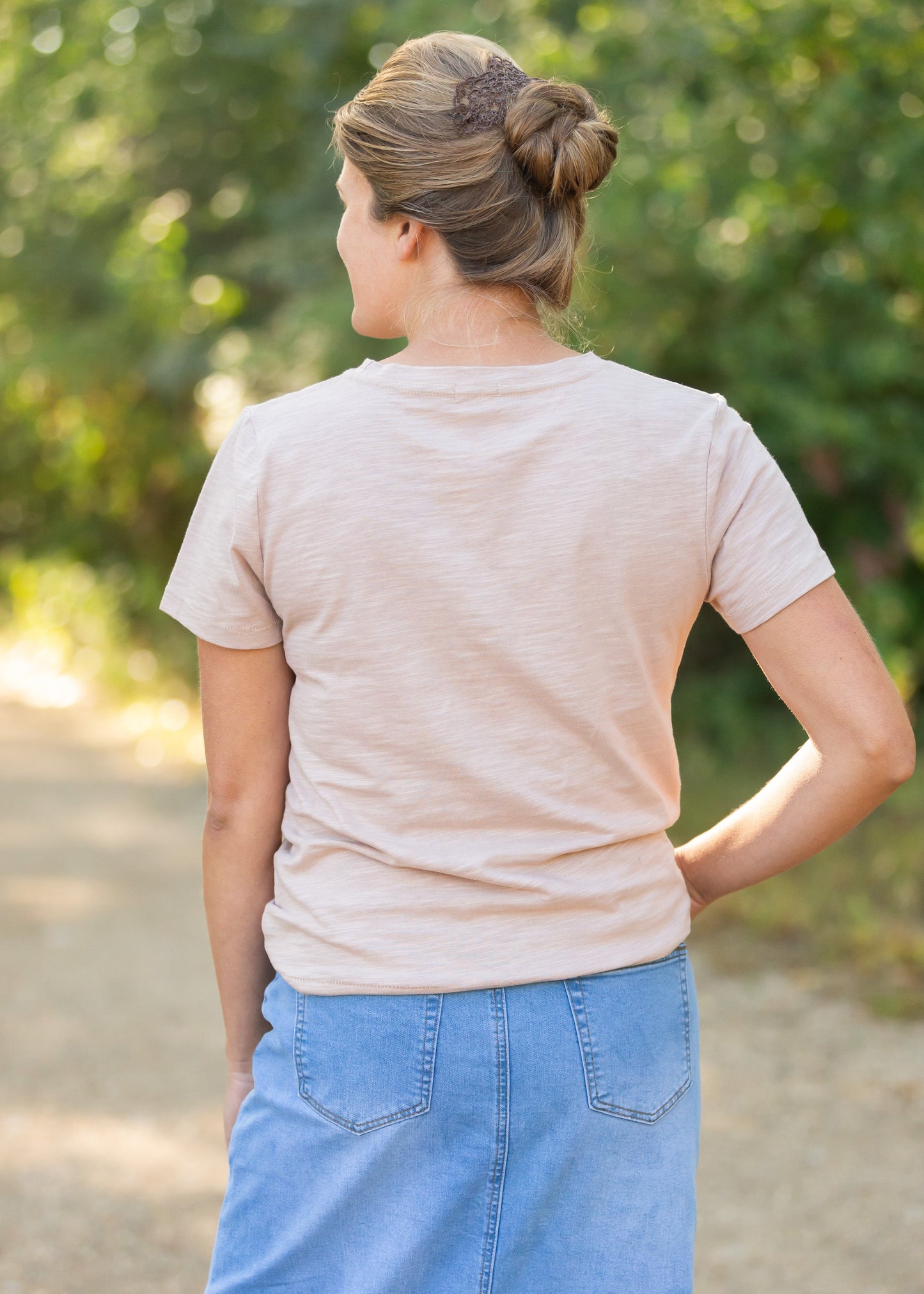 This custom Romans Graphic Tee is an Inherit Design tailored in a feminine fit. The sleeve length is a true short sleeve that will go with anything. It is a pink with a slight heathered look that isn't see-through! The white writing on the front says "Rejoicing in hope, patient in tribulation; continuing instant in prayer." - Romans 12:12 for a daily reminder in your walk with the Lord!
