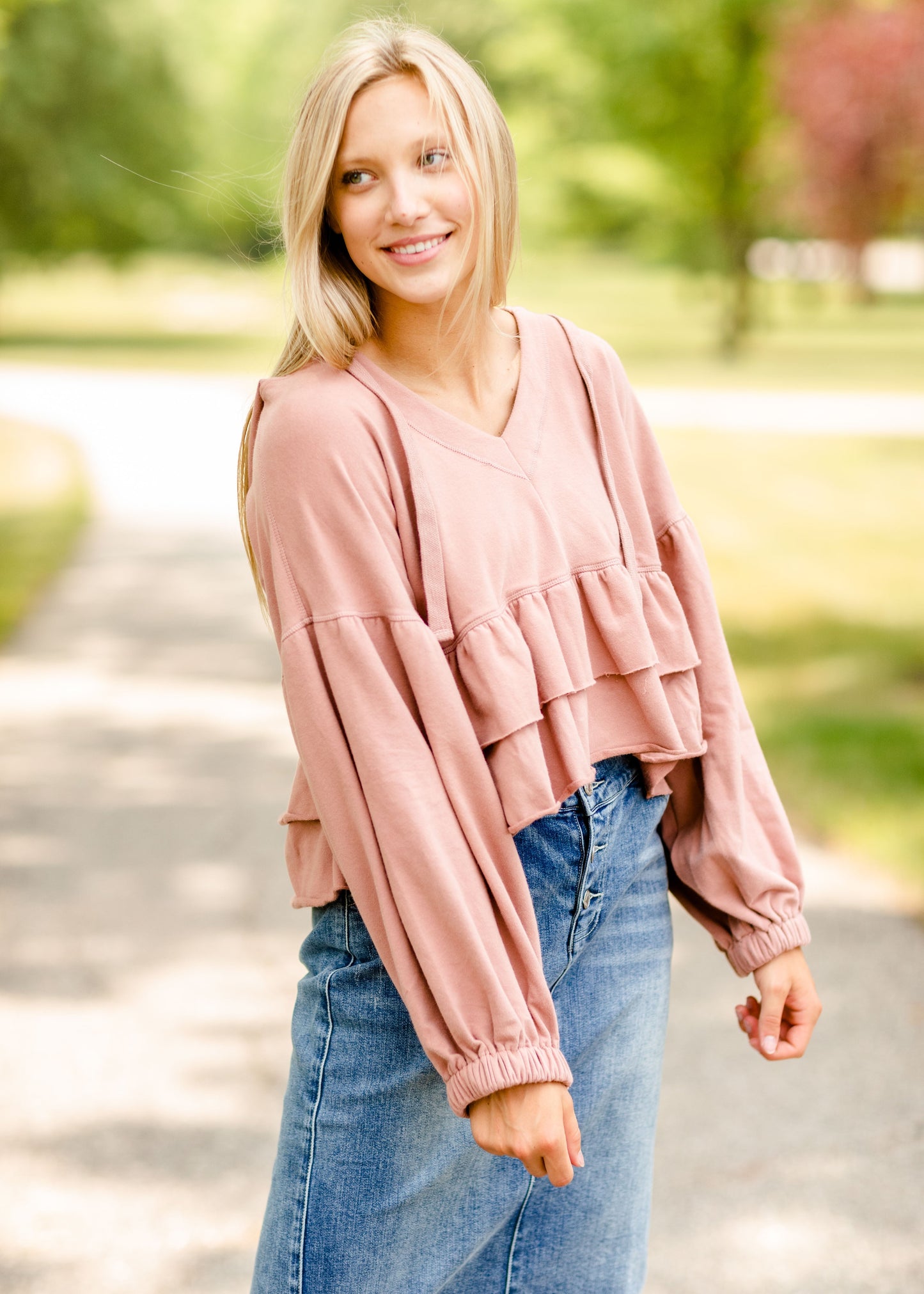 Rose V-Neck Tiered Hoodie - FINAL SALE Tops