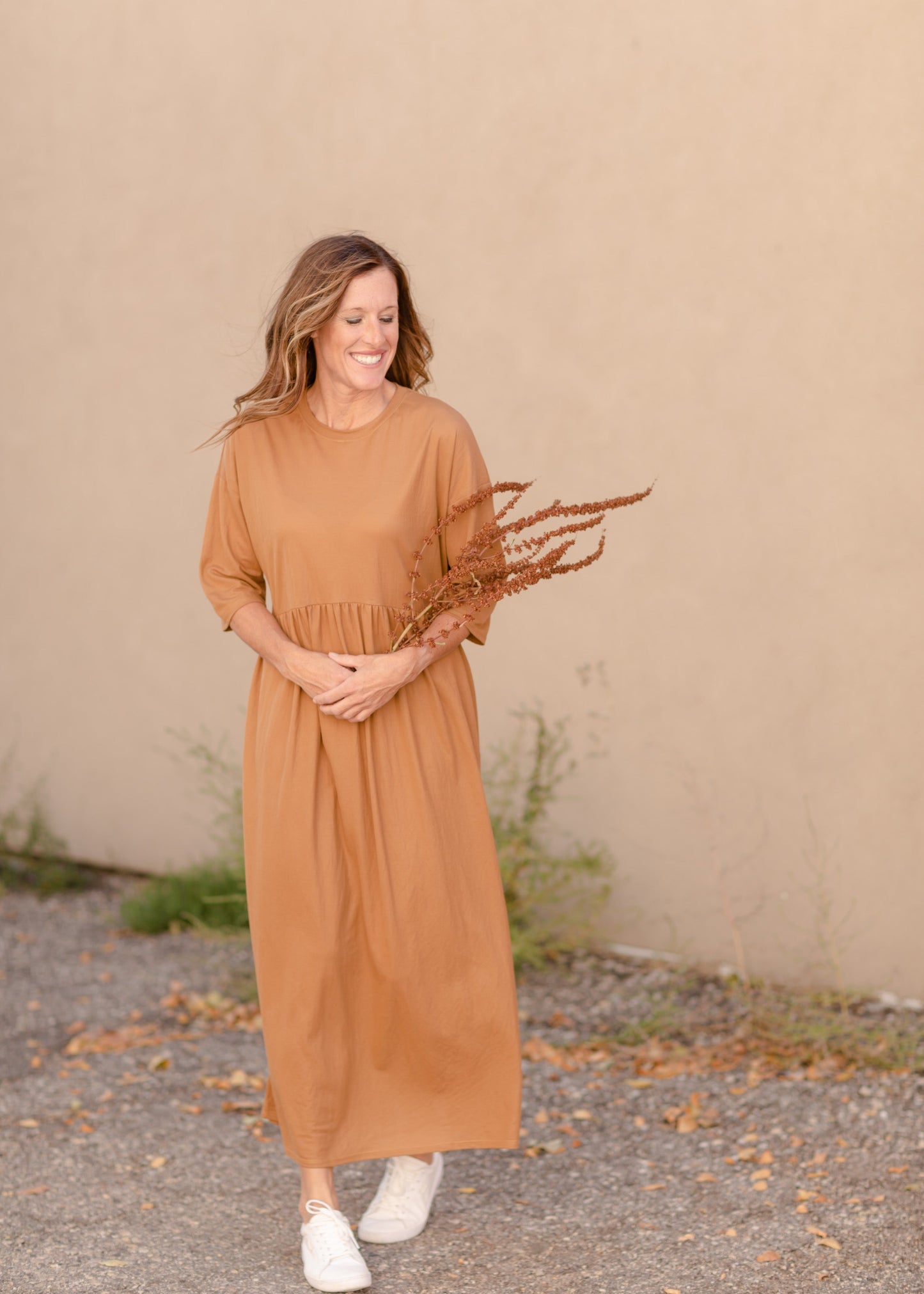 Round Neck Babydoll Half Sleeve Midi Dress - FINAL SALE Dresses Brown / S