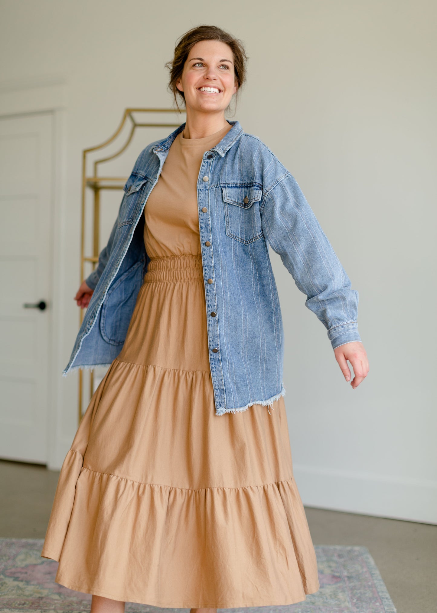 Round Neck Cuff Sleeve Smocked Waist Midi Dress Dresses Tres Bien