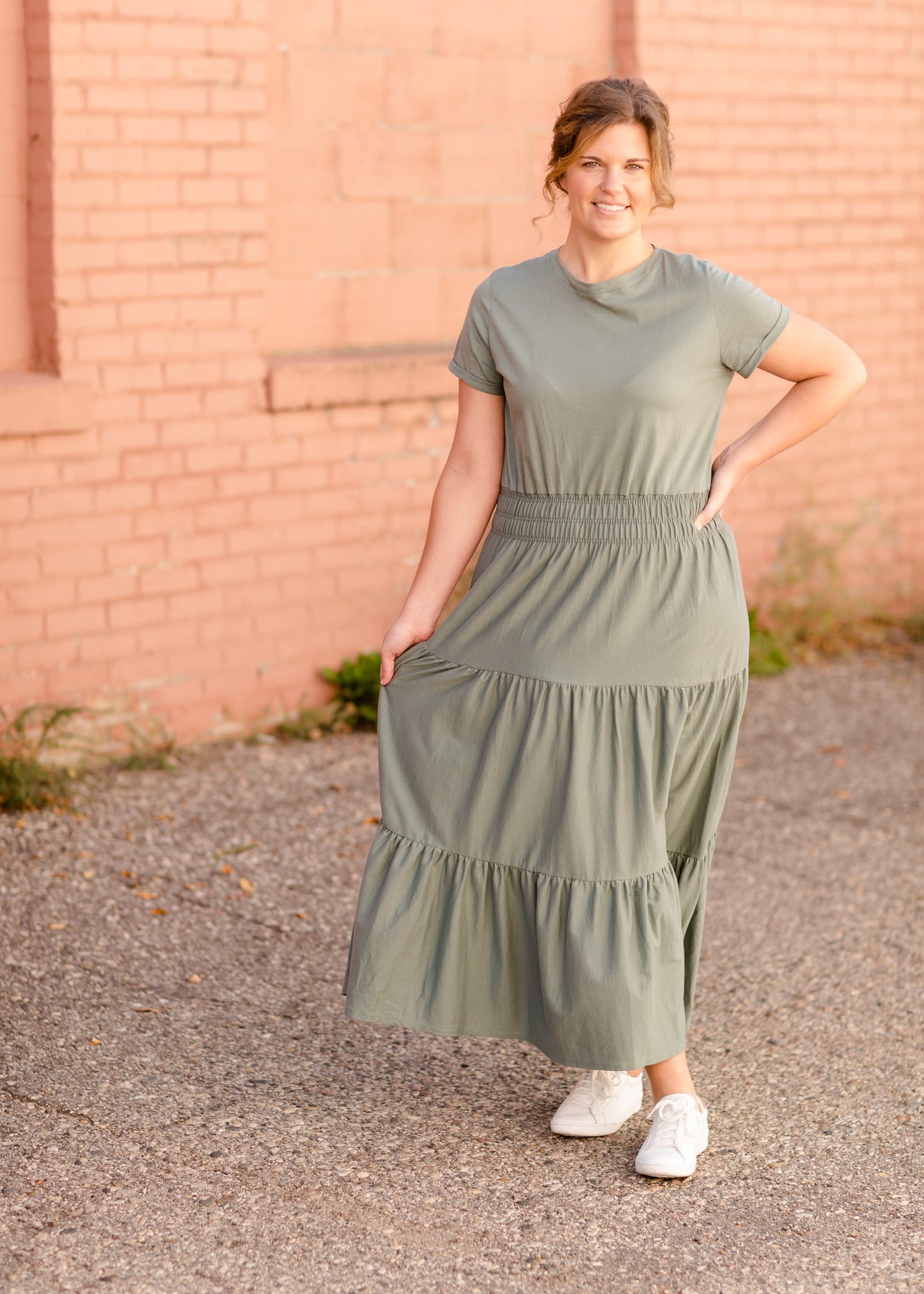 Round Neck Cuff Sleeve Smocked Waist Midi Dress - FINAL SALE Dresses