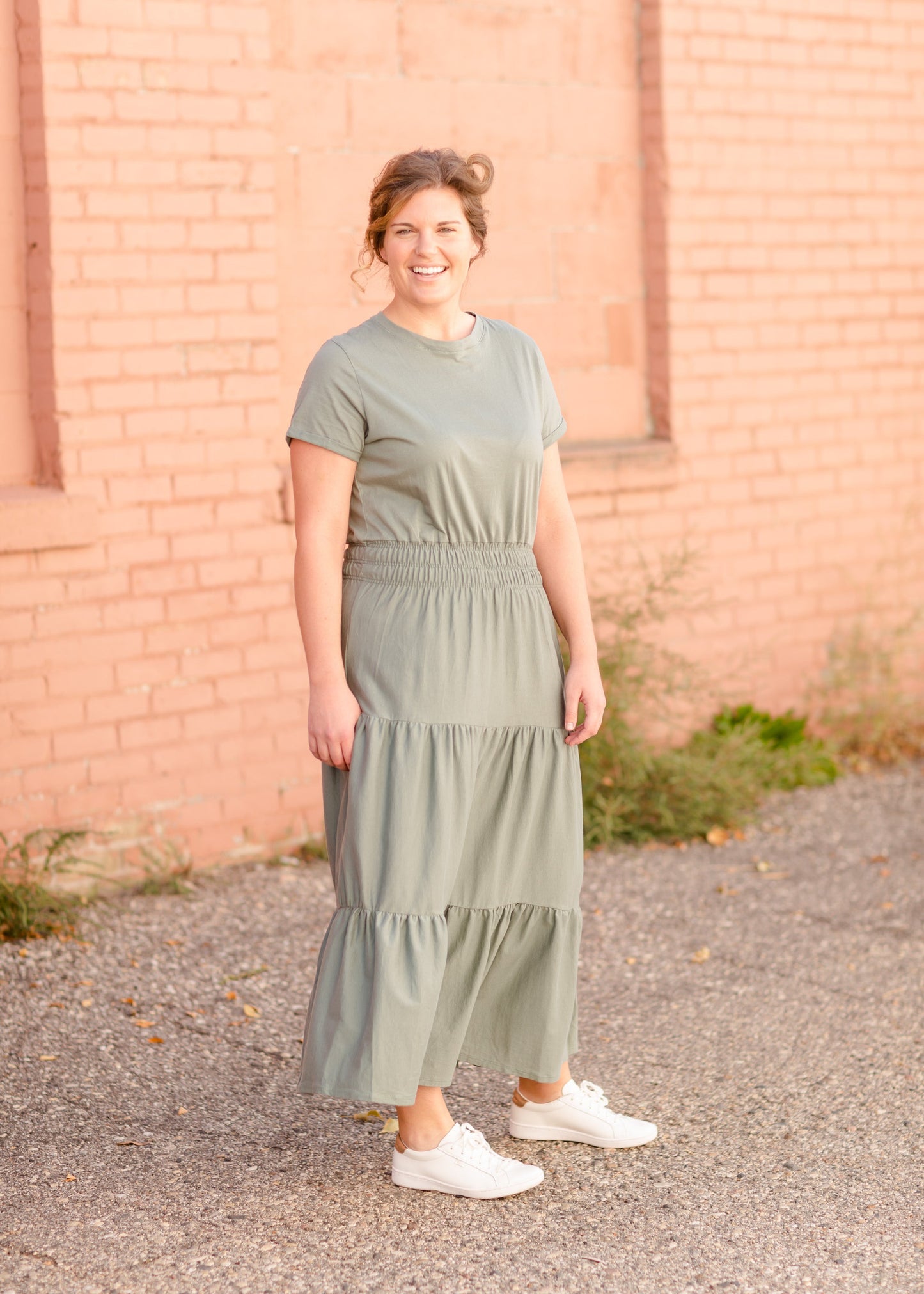 Round Neck Cuff Sleeve Smocked Waist Midi Dress - FINAL SALE Dresses