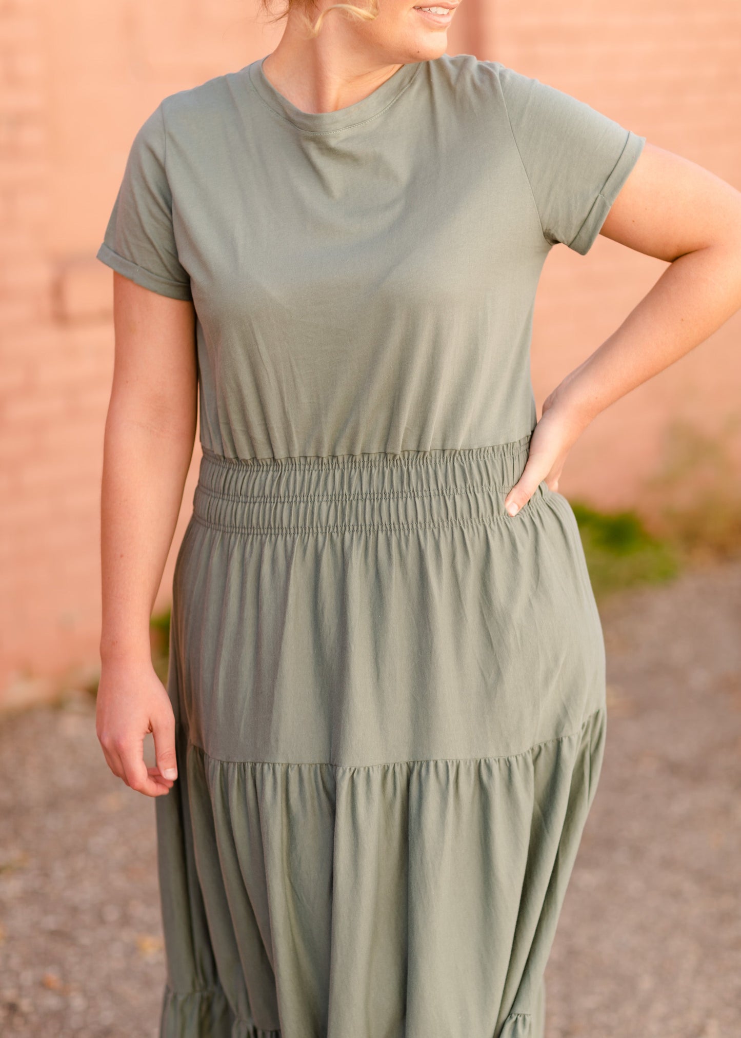 Round Neck Cuff Sleeve Smocked Waist Midi Dress - FINAL SALE Dresses