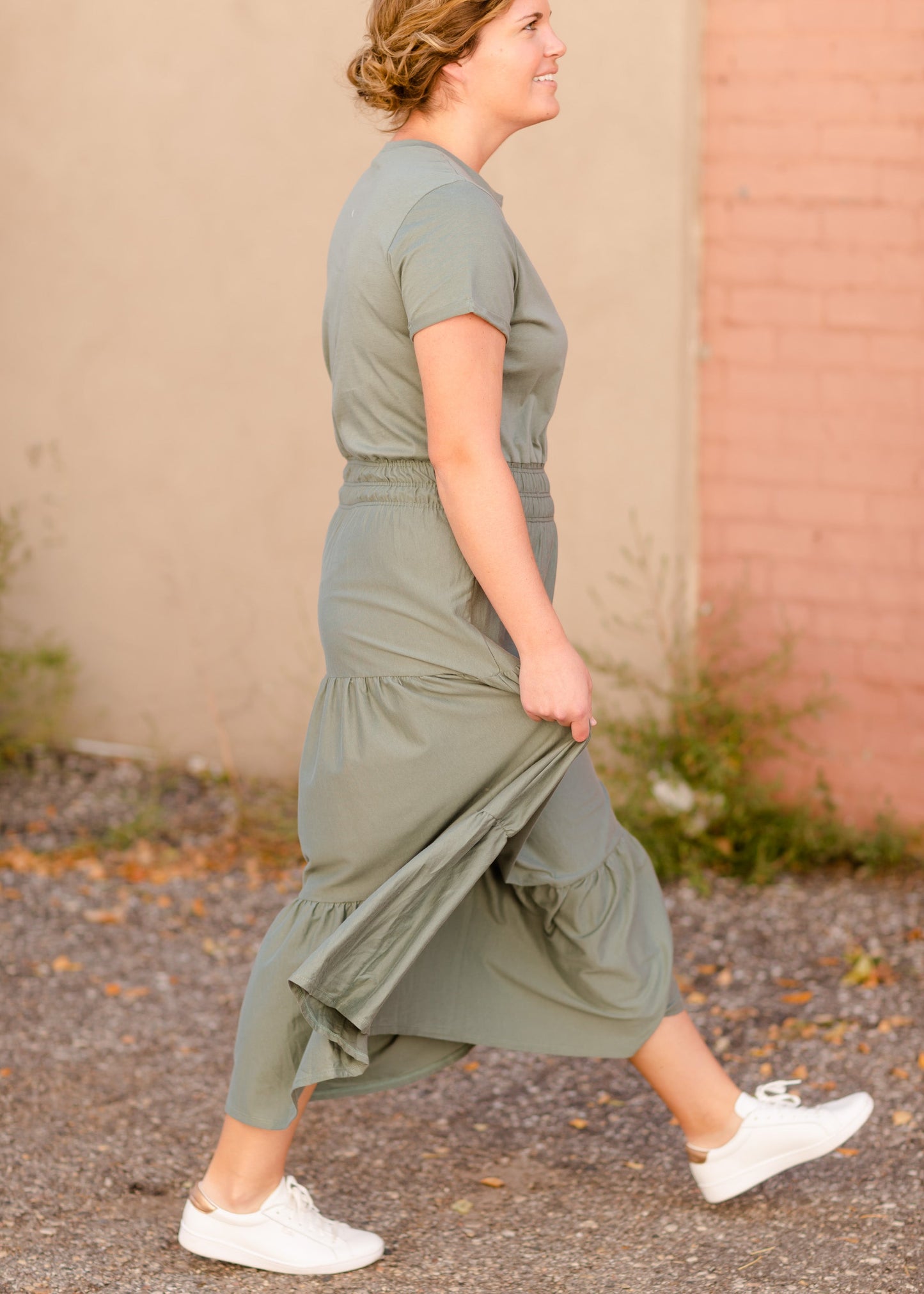 Round Neck Cuff Sleeve Smocked Waist Midi Dress - FINAL SALE Dresses