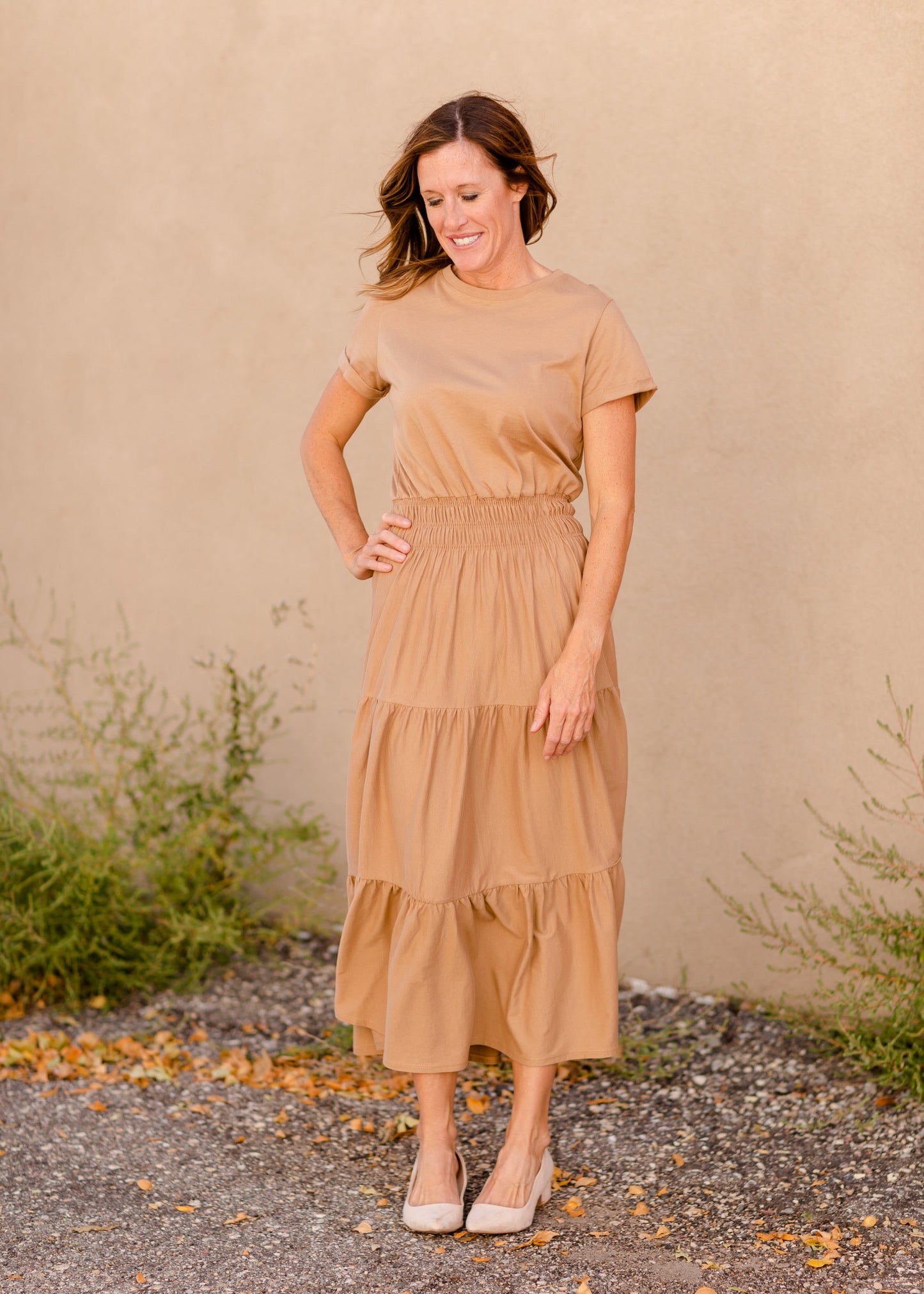 Round Neck Cuff Sleeve Smocked Waist Midi Dress - FINAL SALE Dresses Golden / S