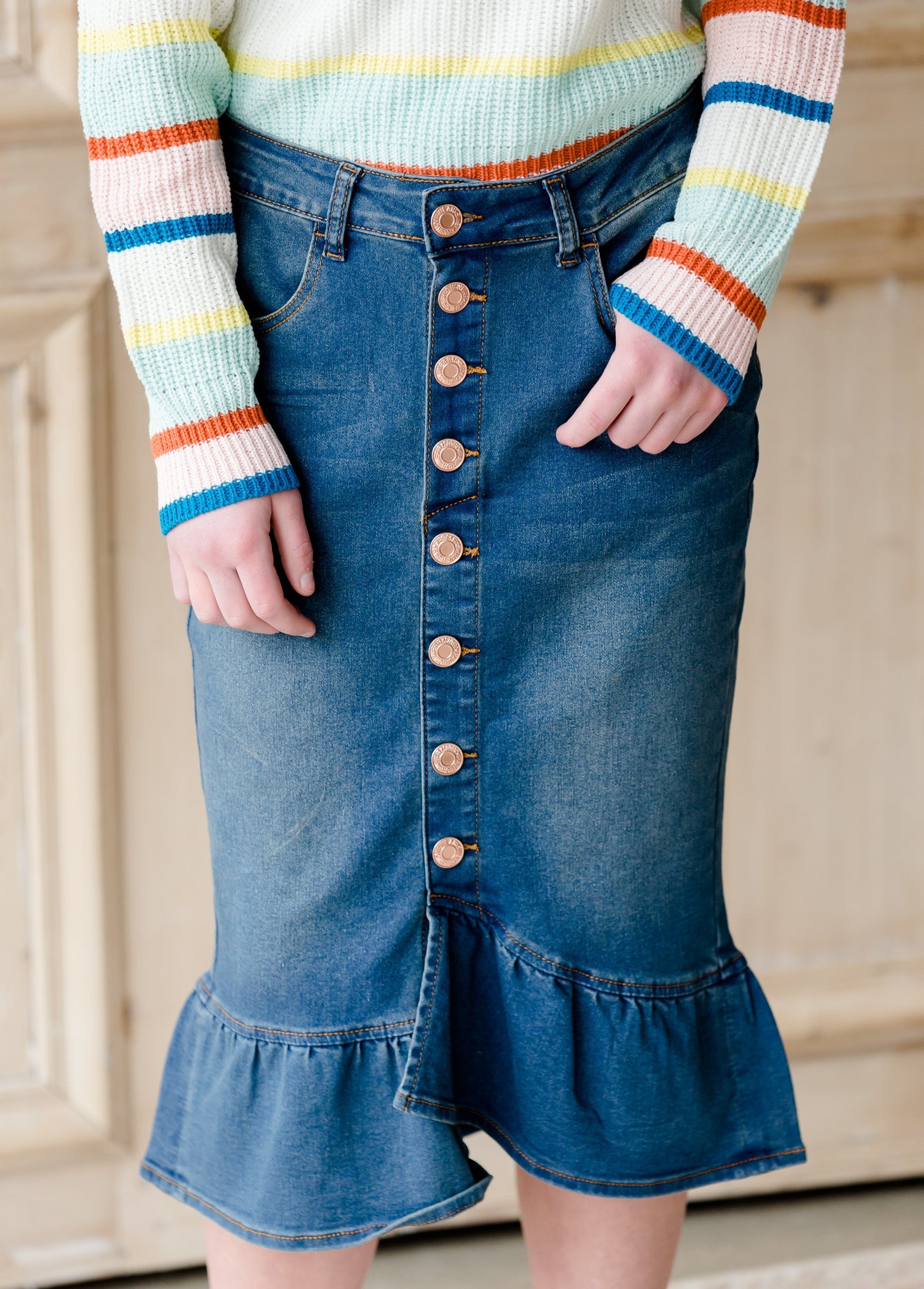Ruffle Button Denim Jean Midi Skirt - FINAL SALE Skirts