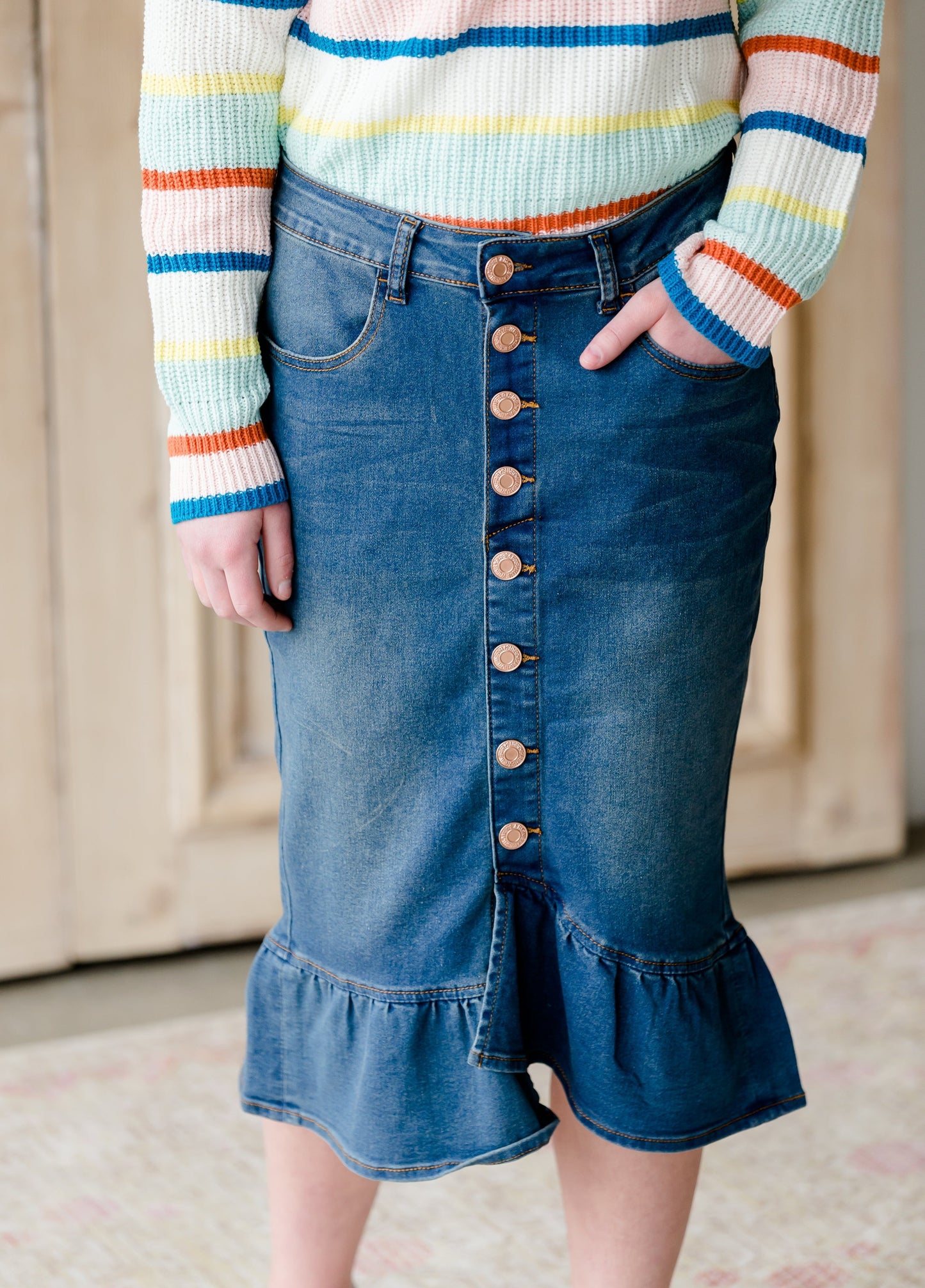 Ruffle Button Denim Jean Midi Skirt - FINAL SALE Skirts
