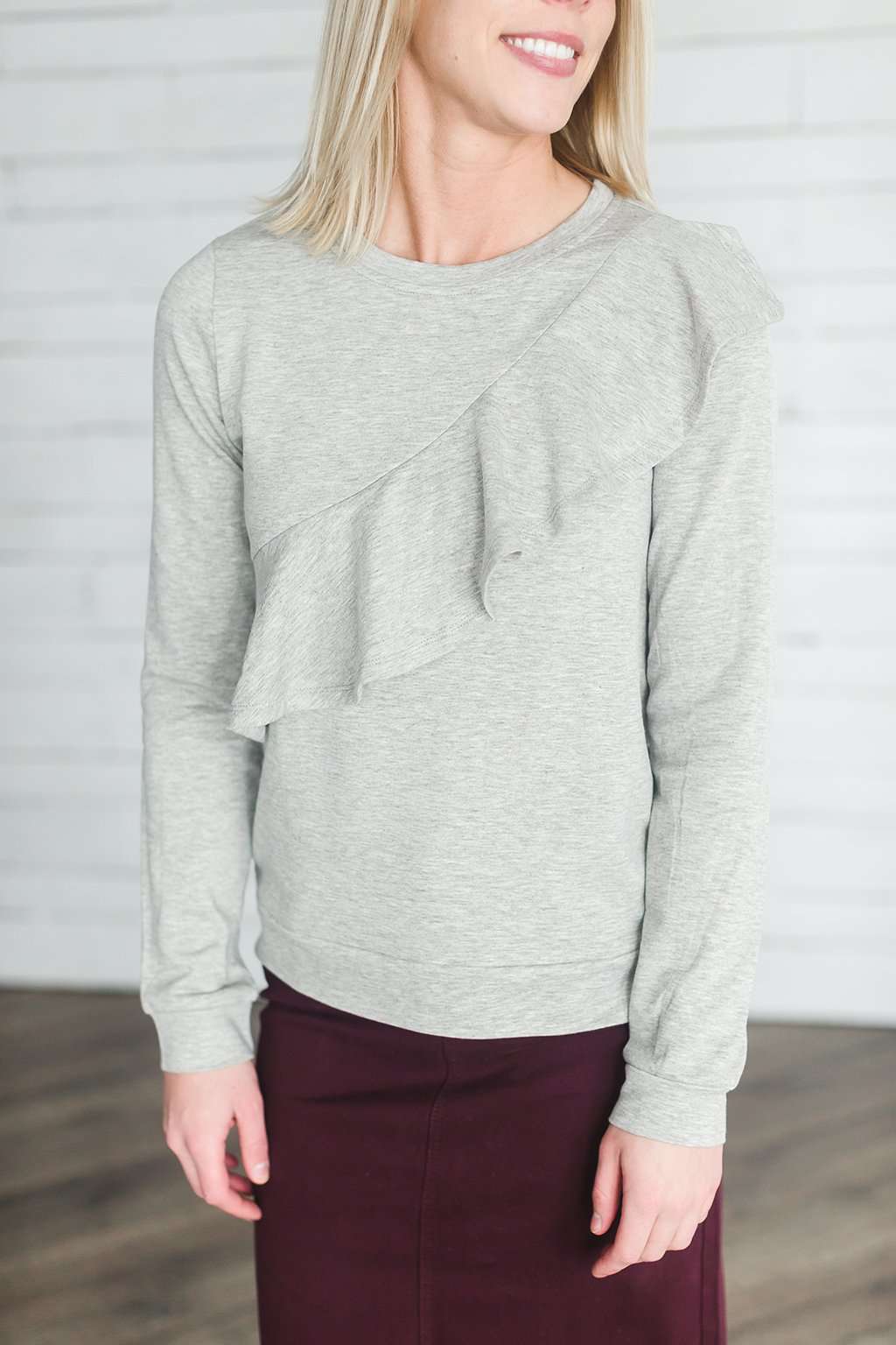 Ruffle Front Gray Top-FINAL SALE Tops