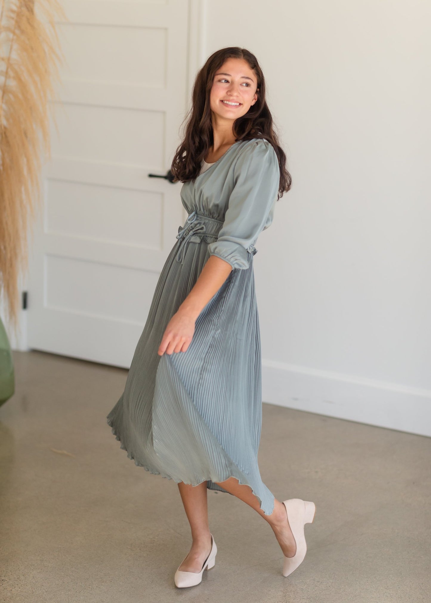 Sage Satin Pleated 3/4 Sleeve Midi Dress Dresses Polagram + BaeVely
