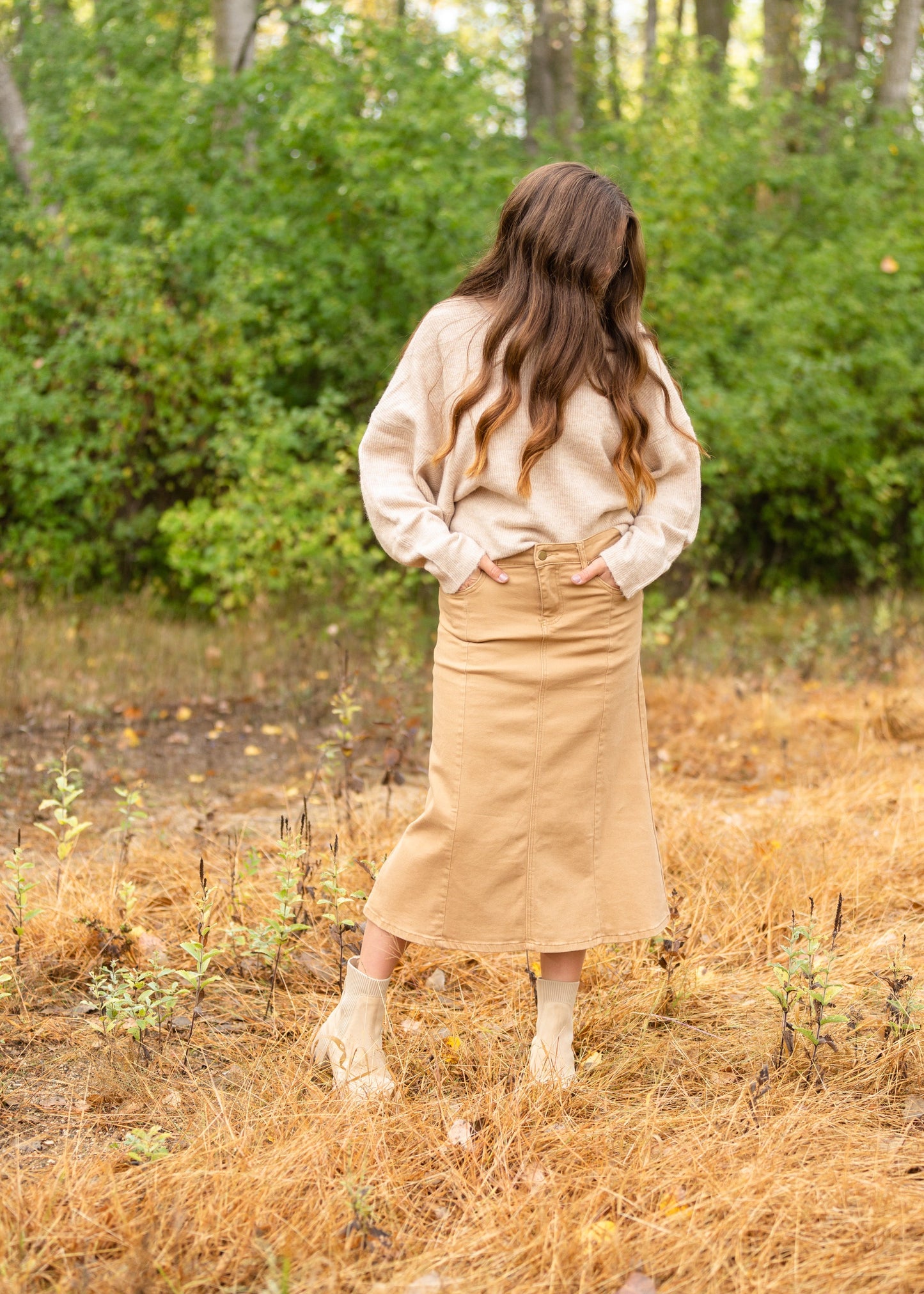 Shayla Paneled Khaki Denim Skirt Skirts