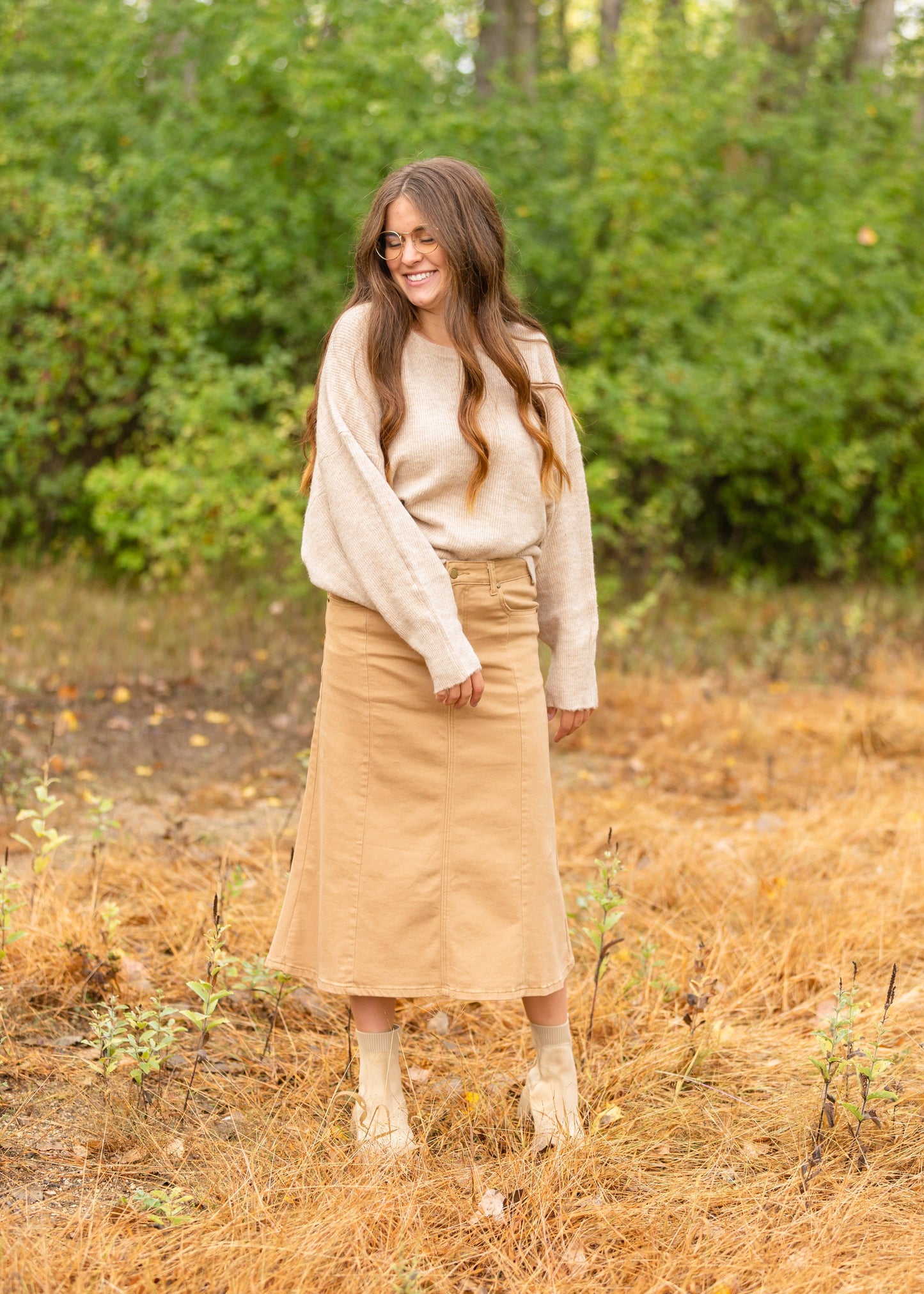 Shayla Paneled Khaki Denim Skirt Skirts