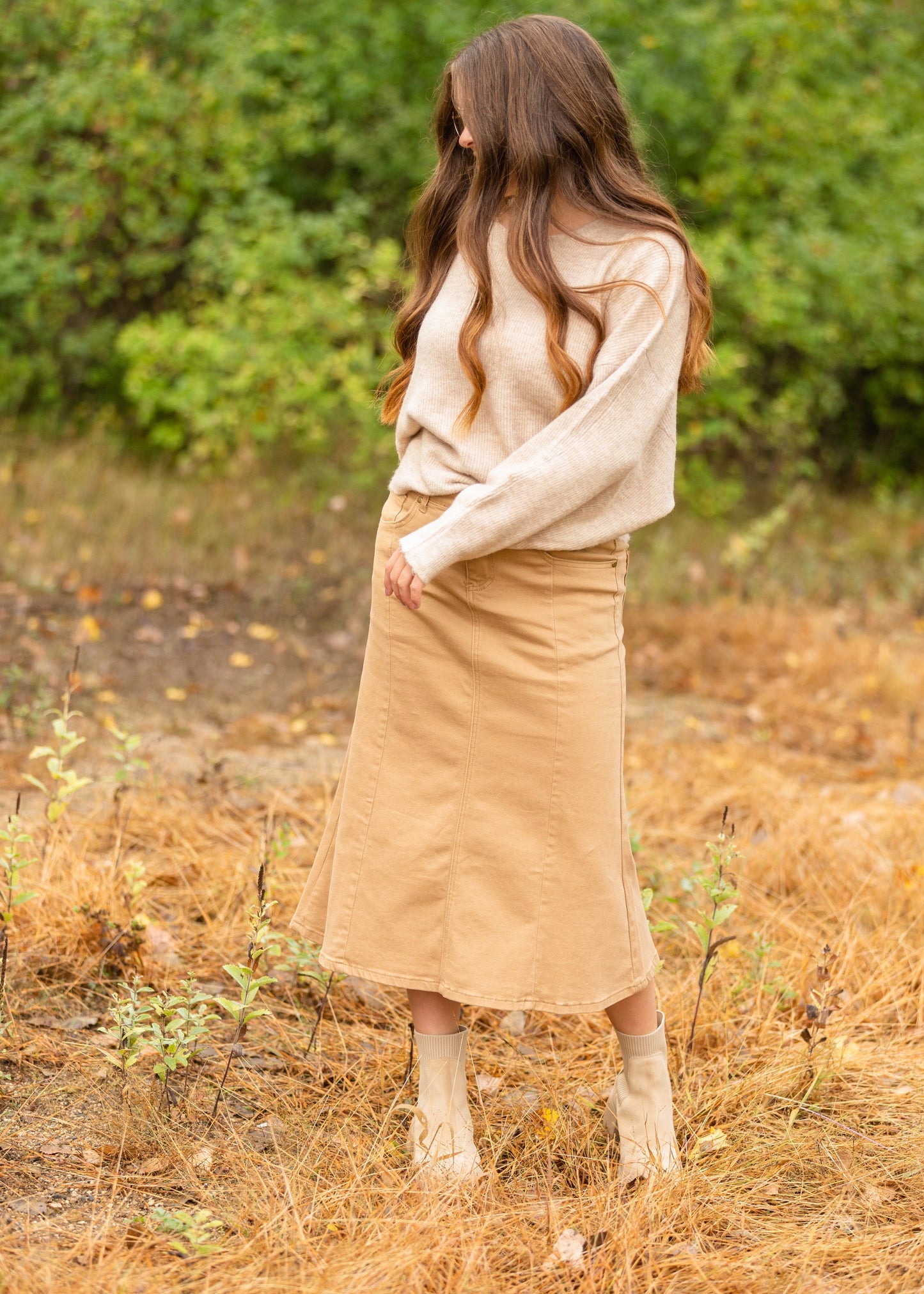 Shayla Paneled Khaki Denim Skirt Skirts