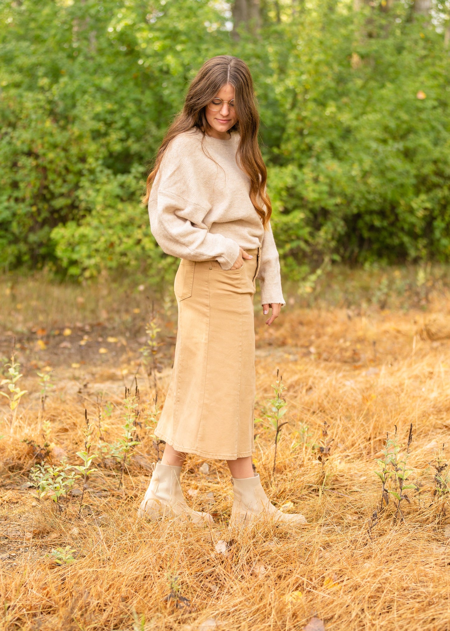 Shayla Paneled Khaki Denim Skirt Skirts