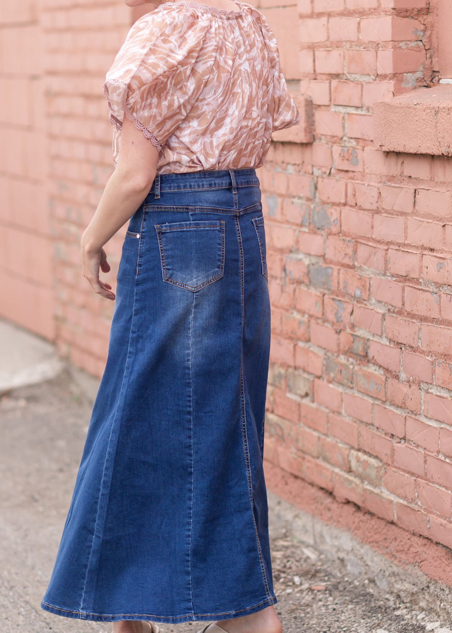 Shayla Paneled Medium Wash Long Denim Skirt Skirts