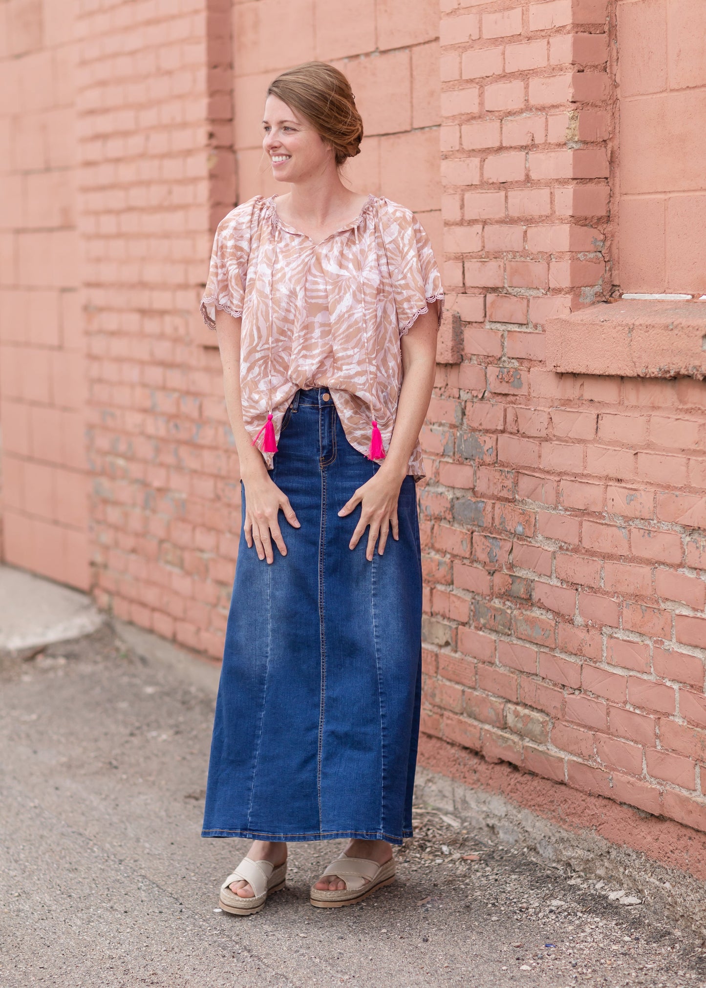 Shayla Paneled Medium Wash Long Denim Skirt Skirts