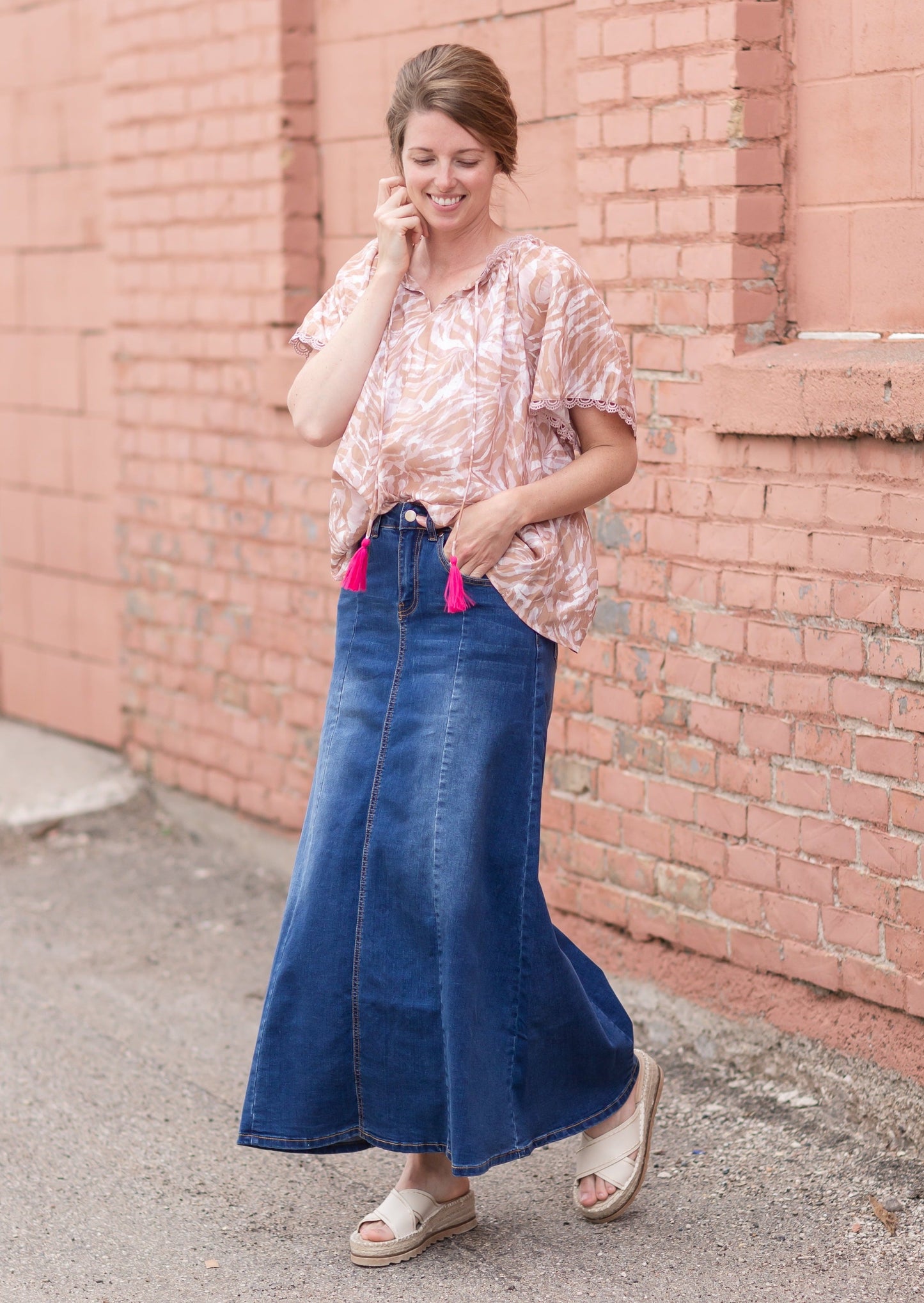 Shayla Paneled Medium Wash Long Denim Skirt Skirts