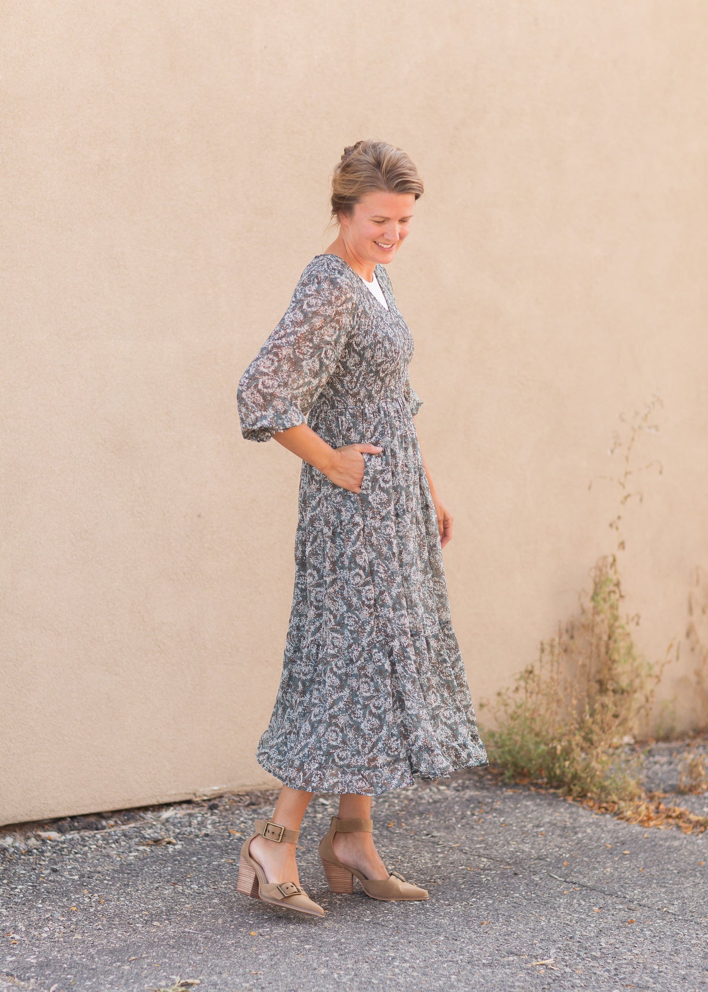Smocked Bodice Midi Dress Dresses
