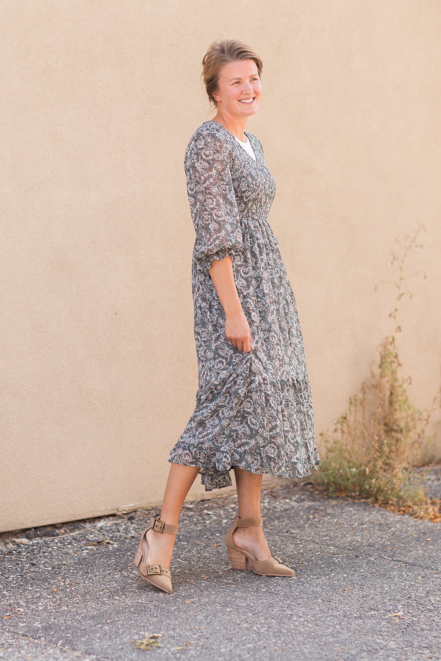 Smocked Bodice Midi Dress Dresses