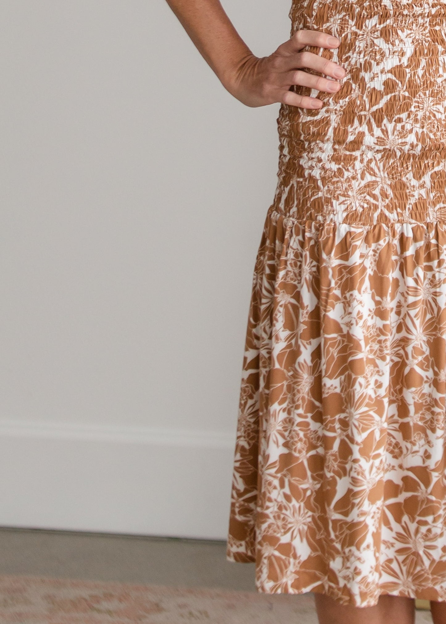 Smocked Bodice Midi Dress with Ruffle Detail Dresses Polagram