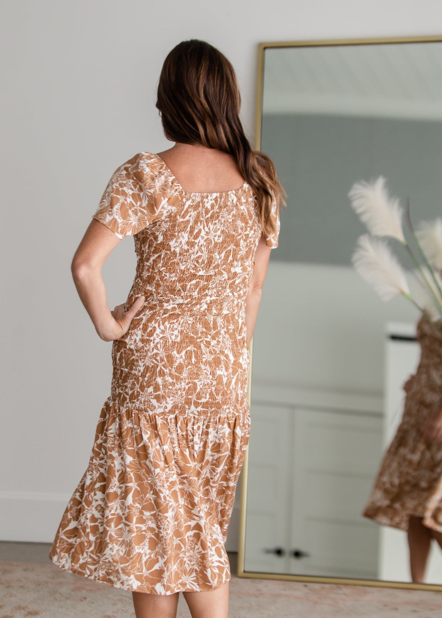 Smocked Bodice Midi Dress with Ruffle Detail Dresses Polagram