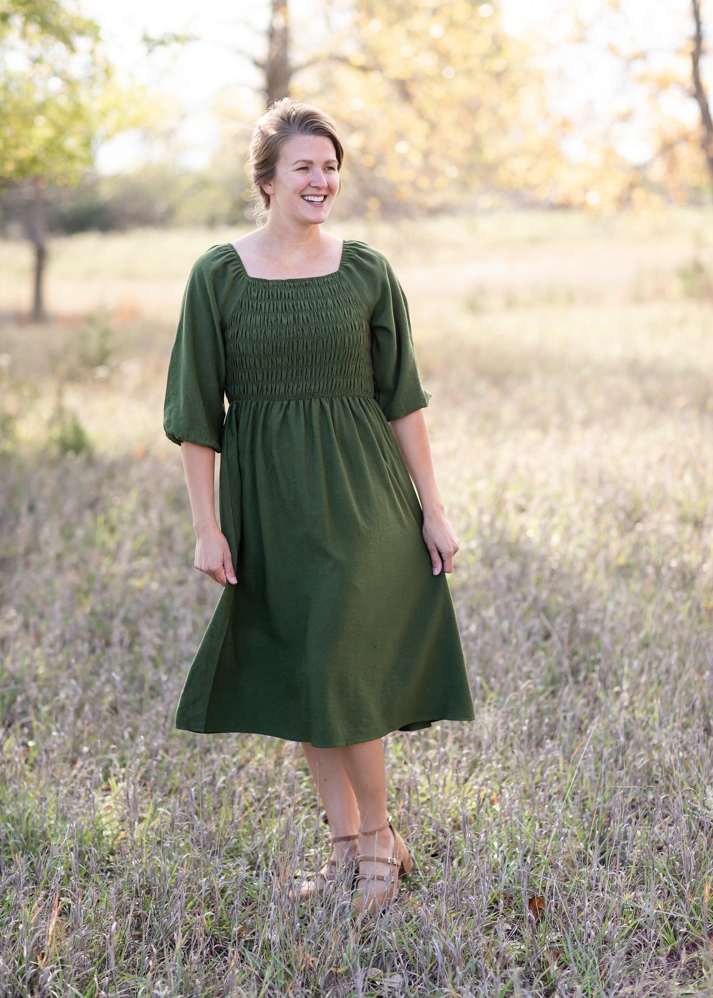 Smocked Bodice Square Neck Midi Dress Dresses Polygram Olive / S