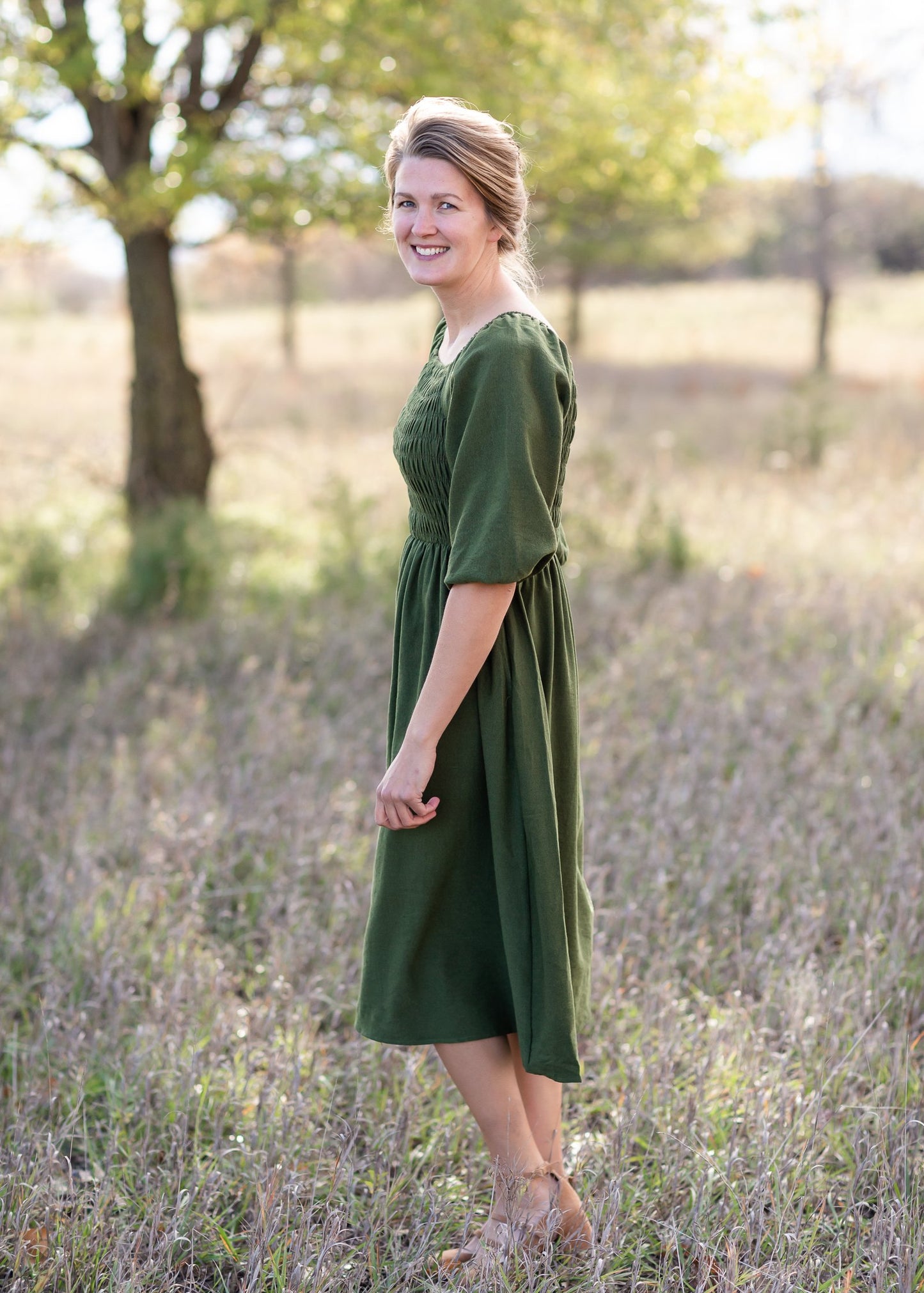 Smocked Bodice Square Neck Midi Dress Dresses Polygram