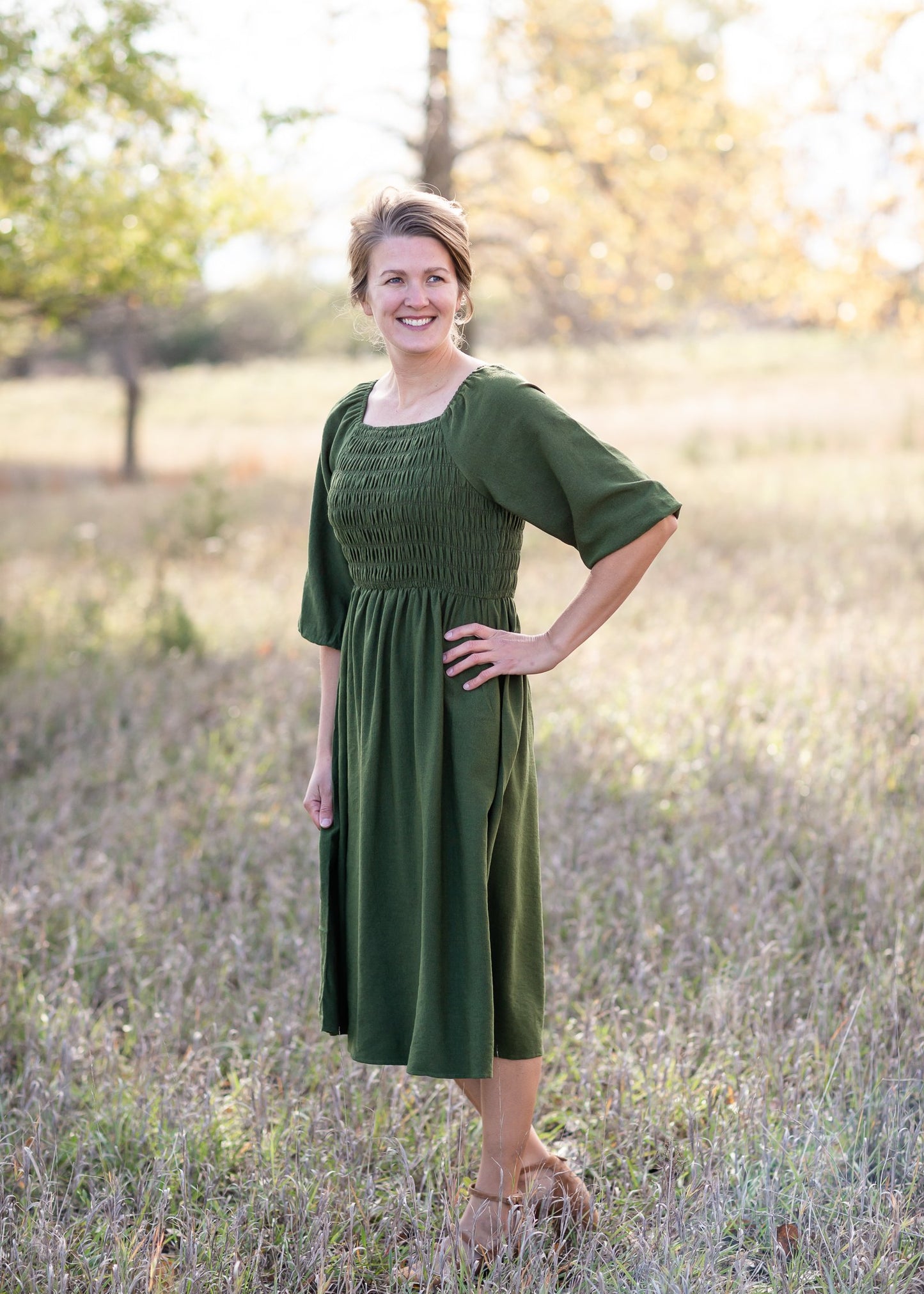 Smocked Bodice Square Neck Midi Dress Dresses Polygram