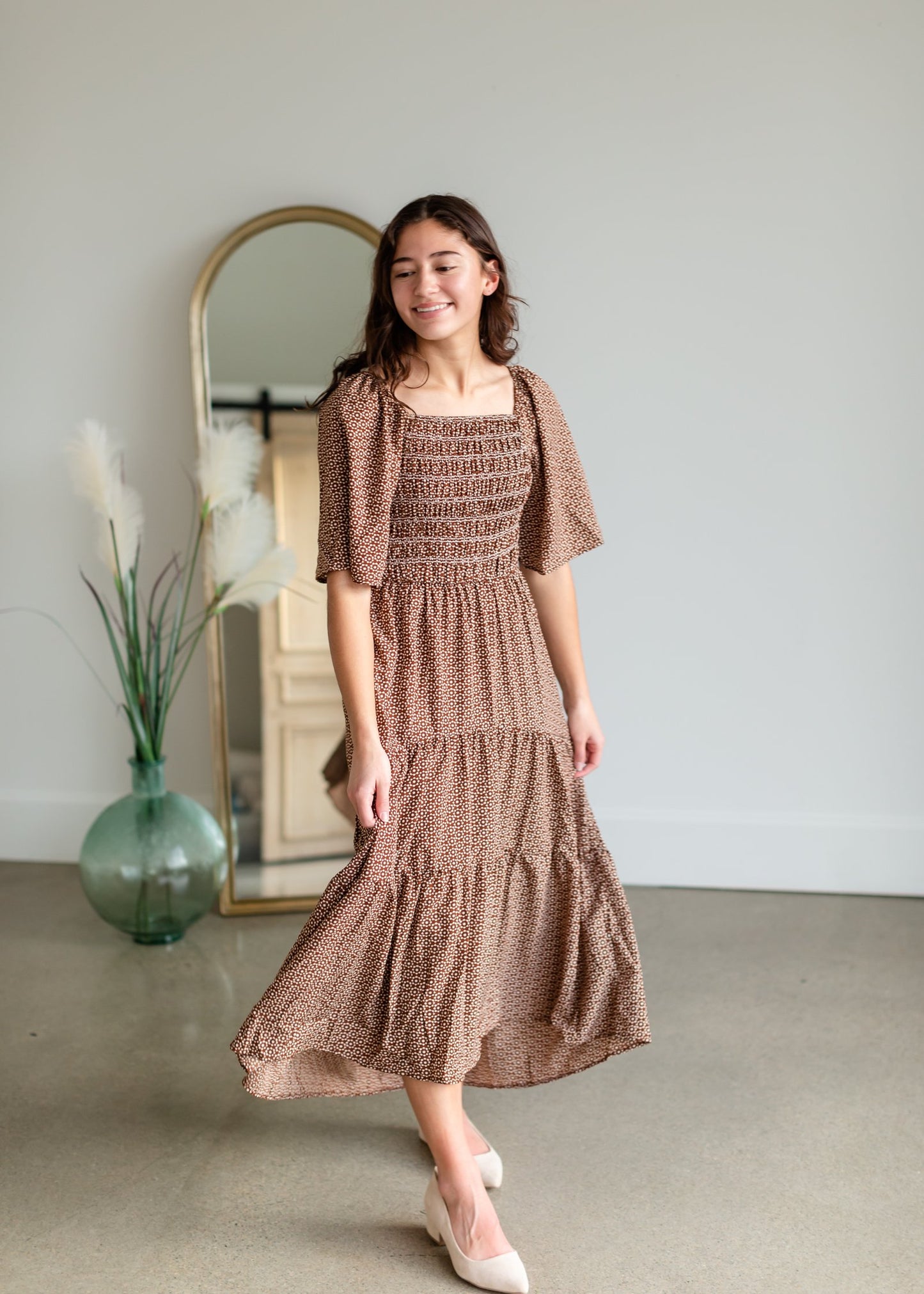 Smocked Square Neck Tiered Midi Dress Dresses Polagram