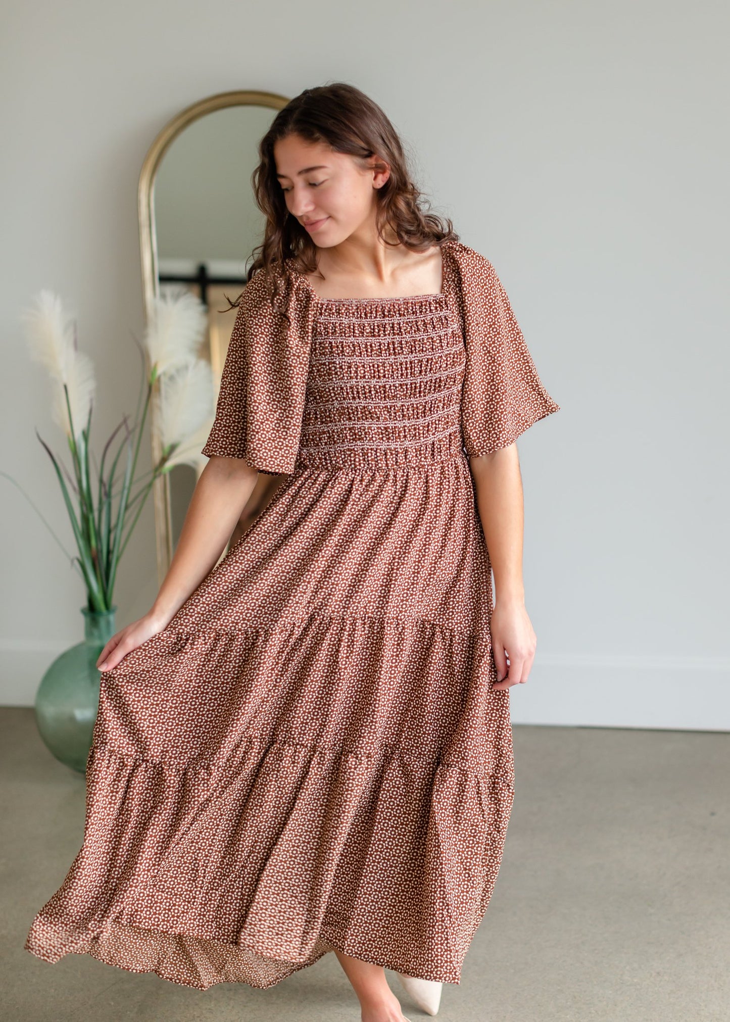 Smocked Square Neck Tiered Midi Dress Dresses Polagram