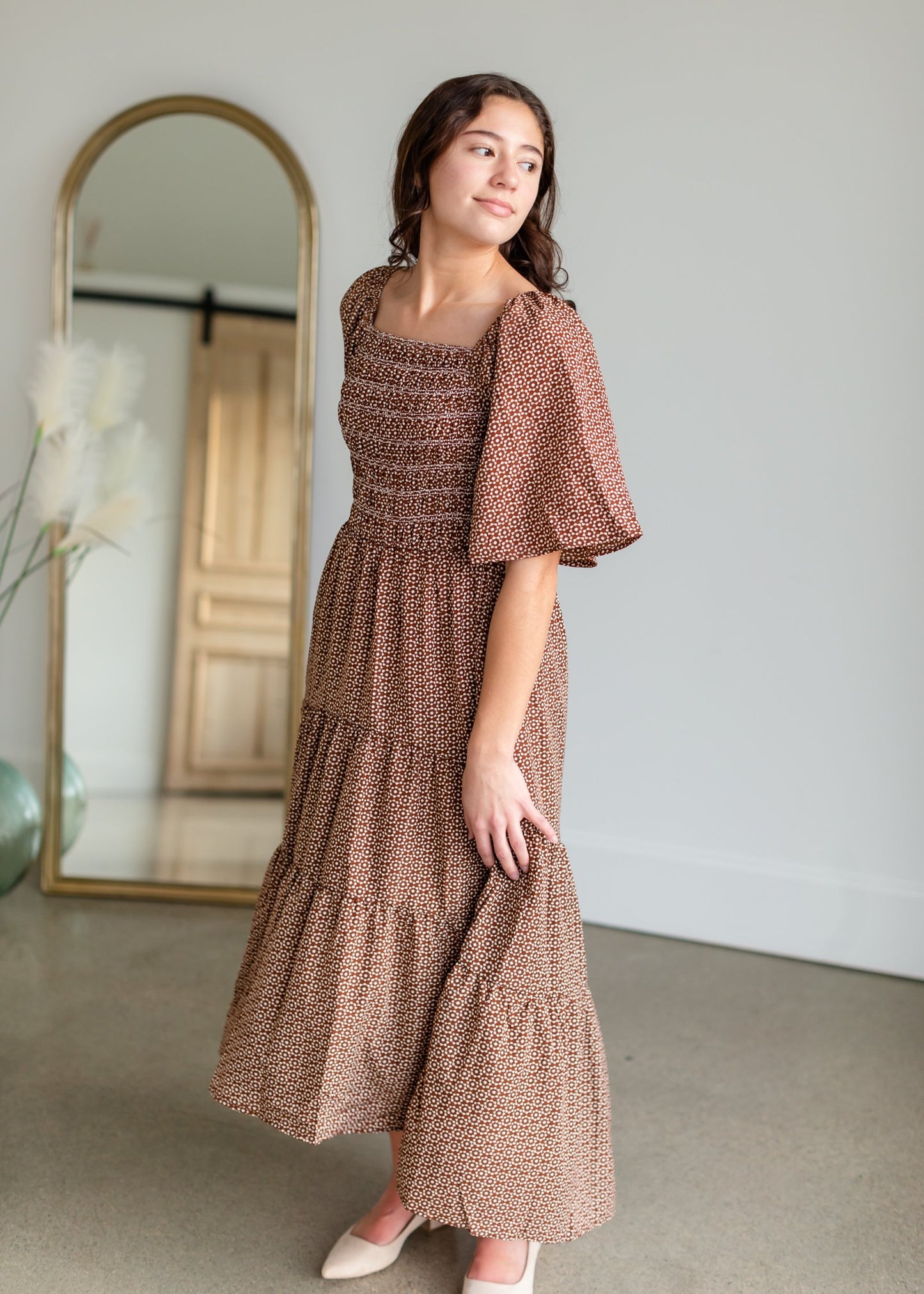 Smocked Square Neck Tiered Midi Dress Dresses Polagram