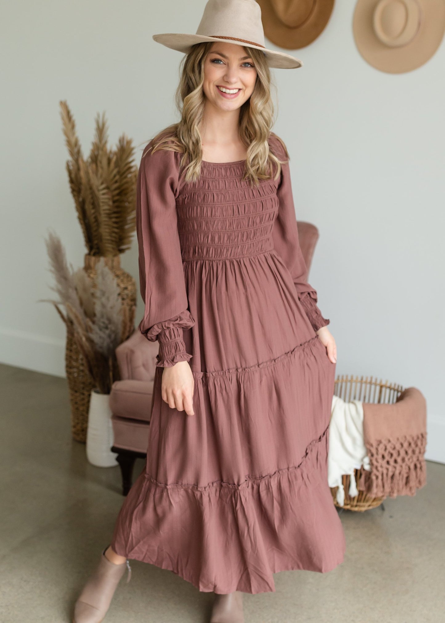 Smocked Square Neck Tiered Ruffle Detail Maxi Dress Dresses Polagram Mauve / S