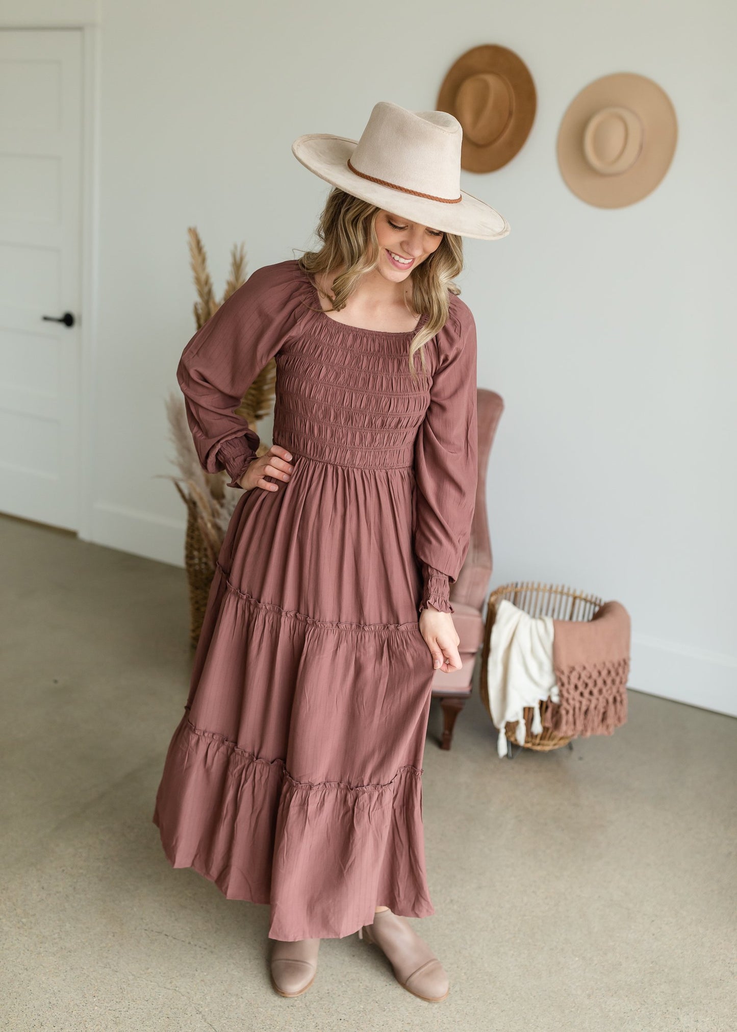 Smocked Square Neck Tiered Ruffle Detail Maxi Dress Dresses Polagram