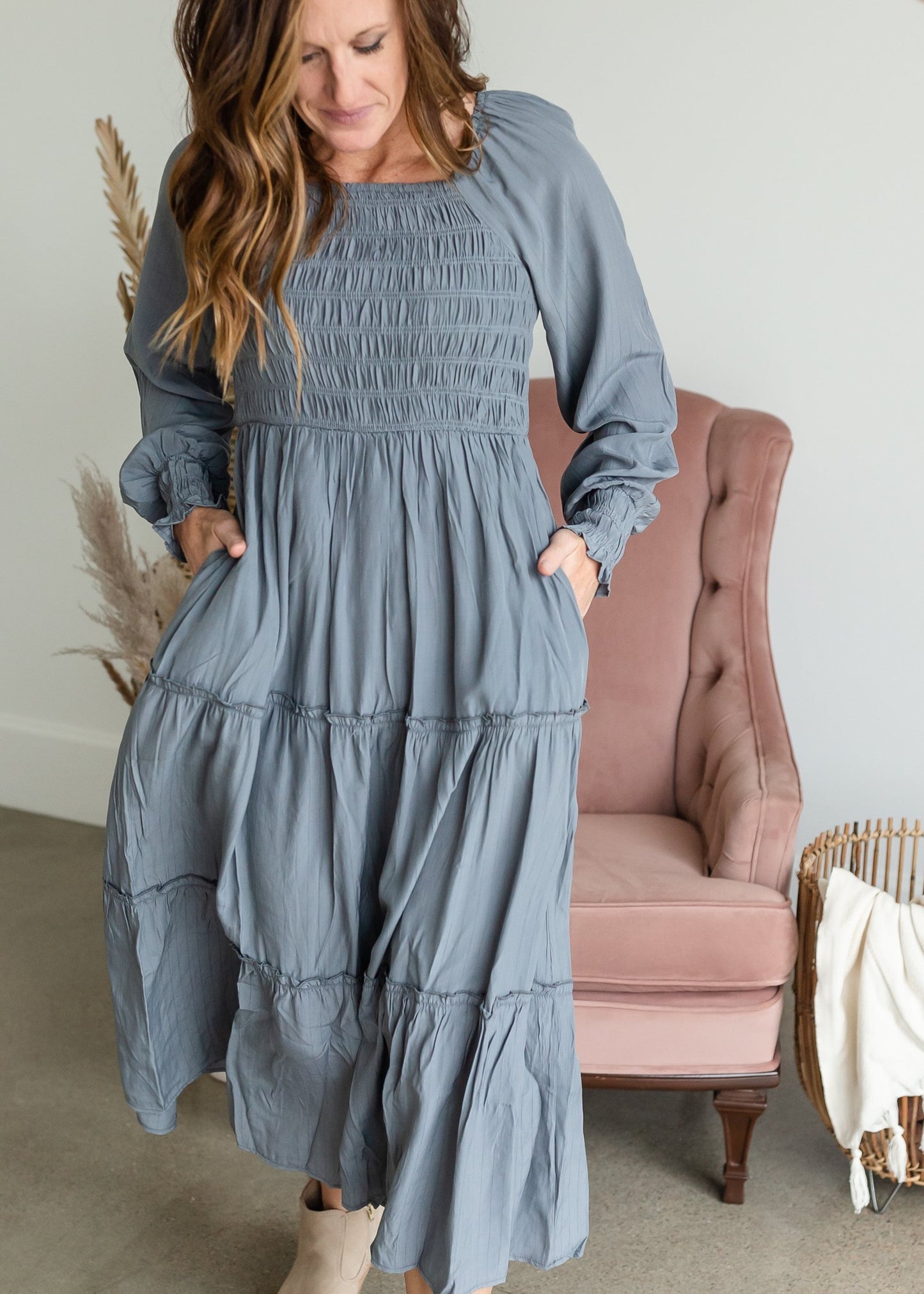 Smocked Square Neck Tiered Ruffle Detail Maxi Dress Dresses Polagram