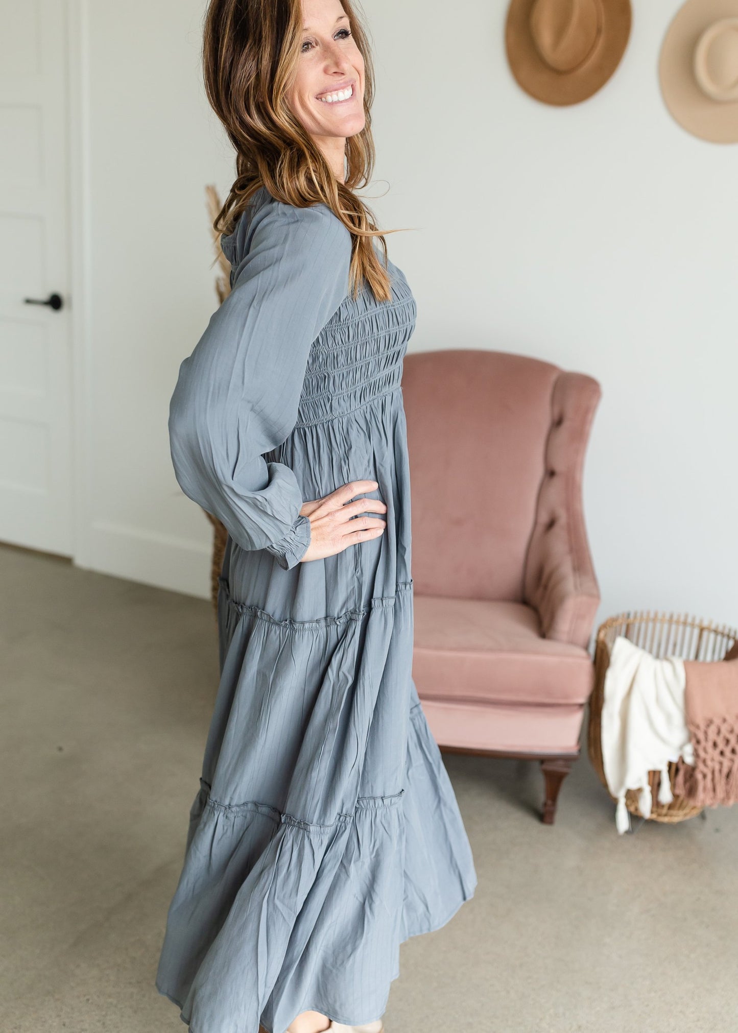 Smocked Square Neck Tiered Ruffle Detail Maxi Dress Dresses Polagram