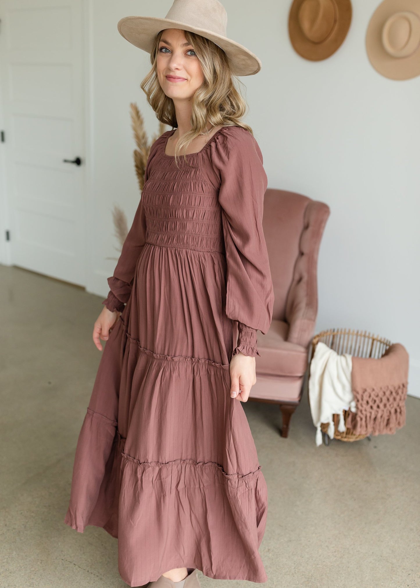 Smocked Square Neck Tiered Ruffle Detail Maxi Dress Dresses Polagram