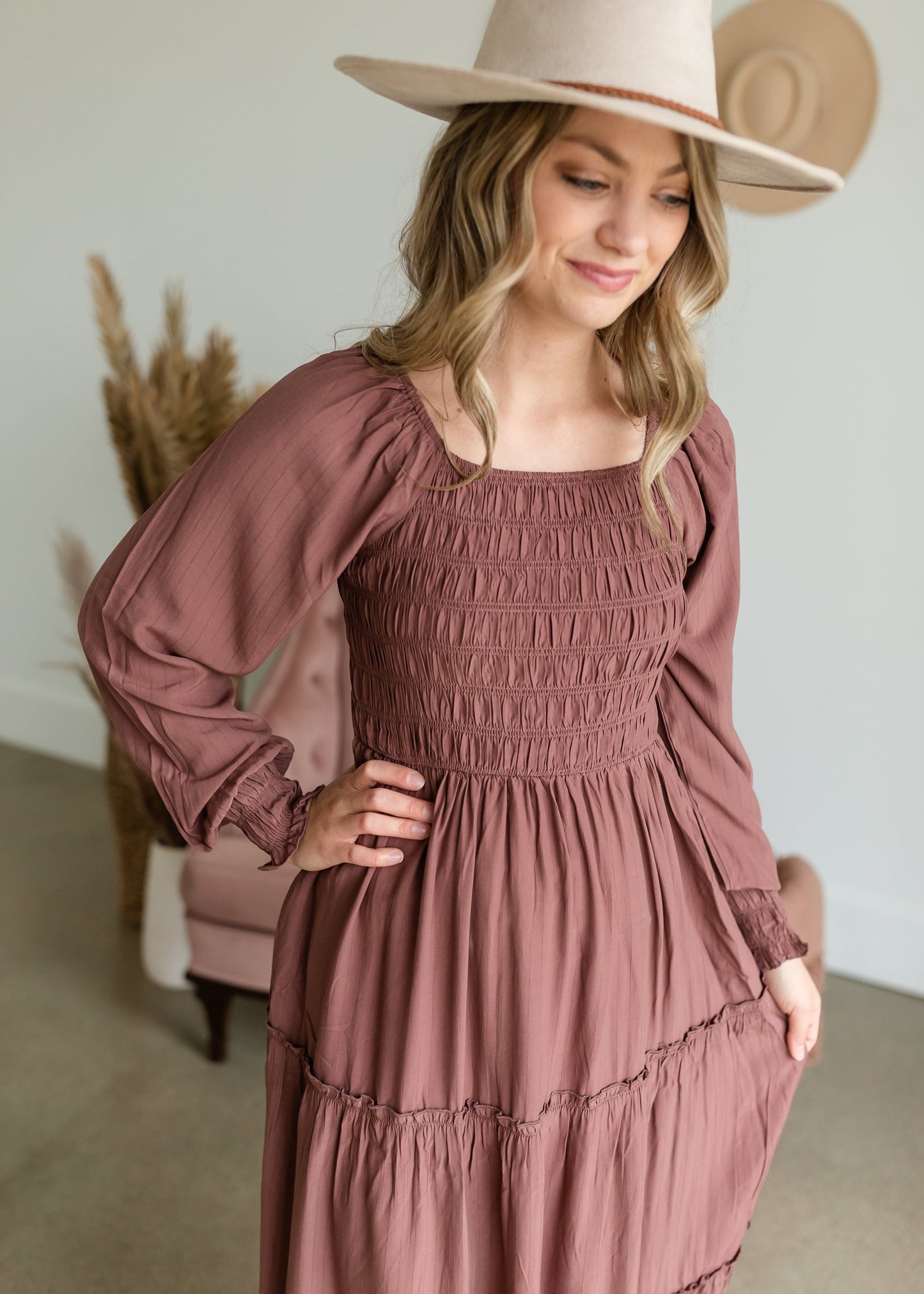 Smocked Square Neck Tiered Ruffle Detail Maxi Dress Dresses Polagram