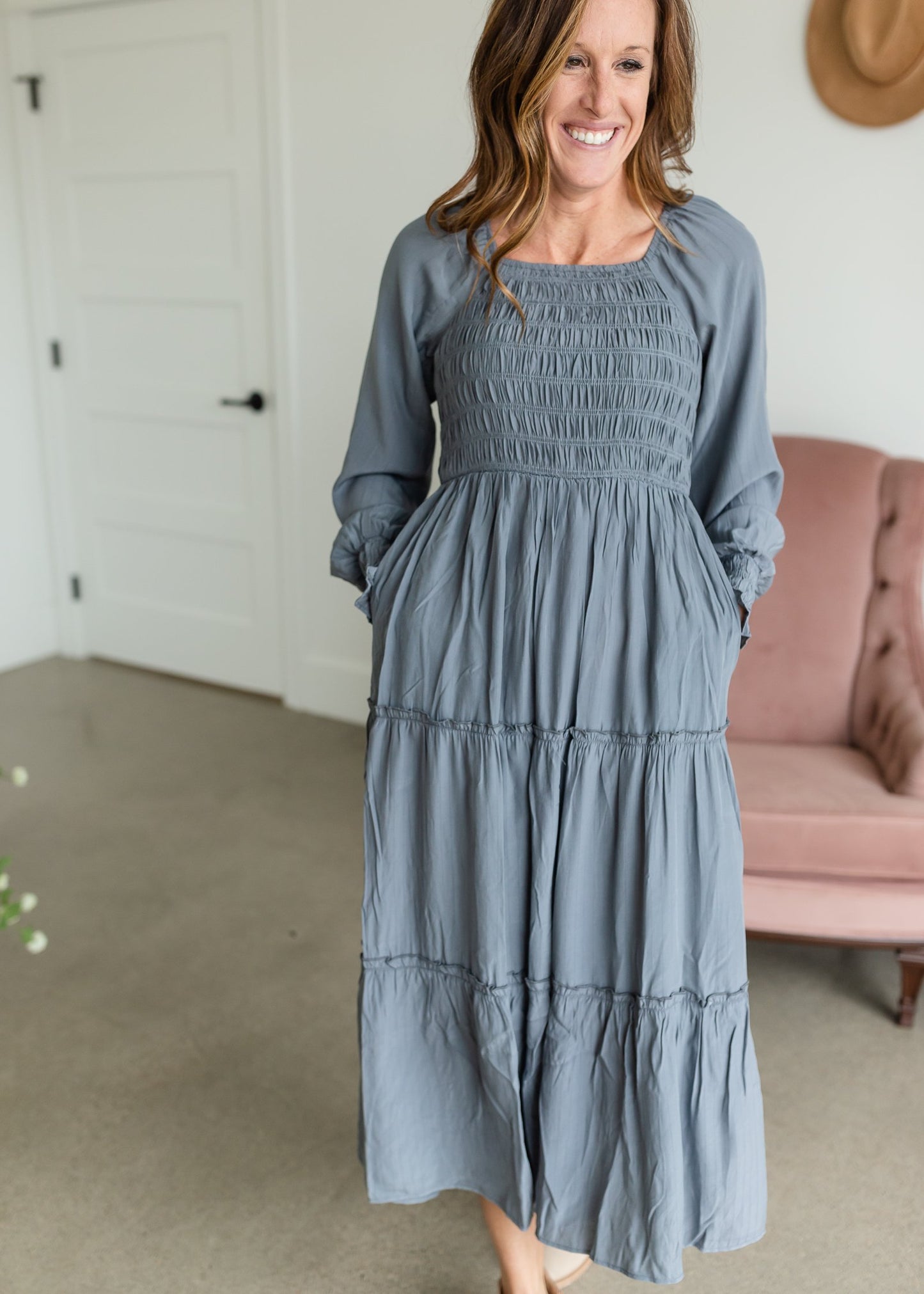 Smocked Square Neck Tiered Ruffle Detail Maxi Dress Dresses Polagram