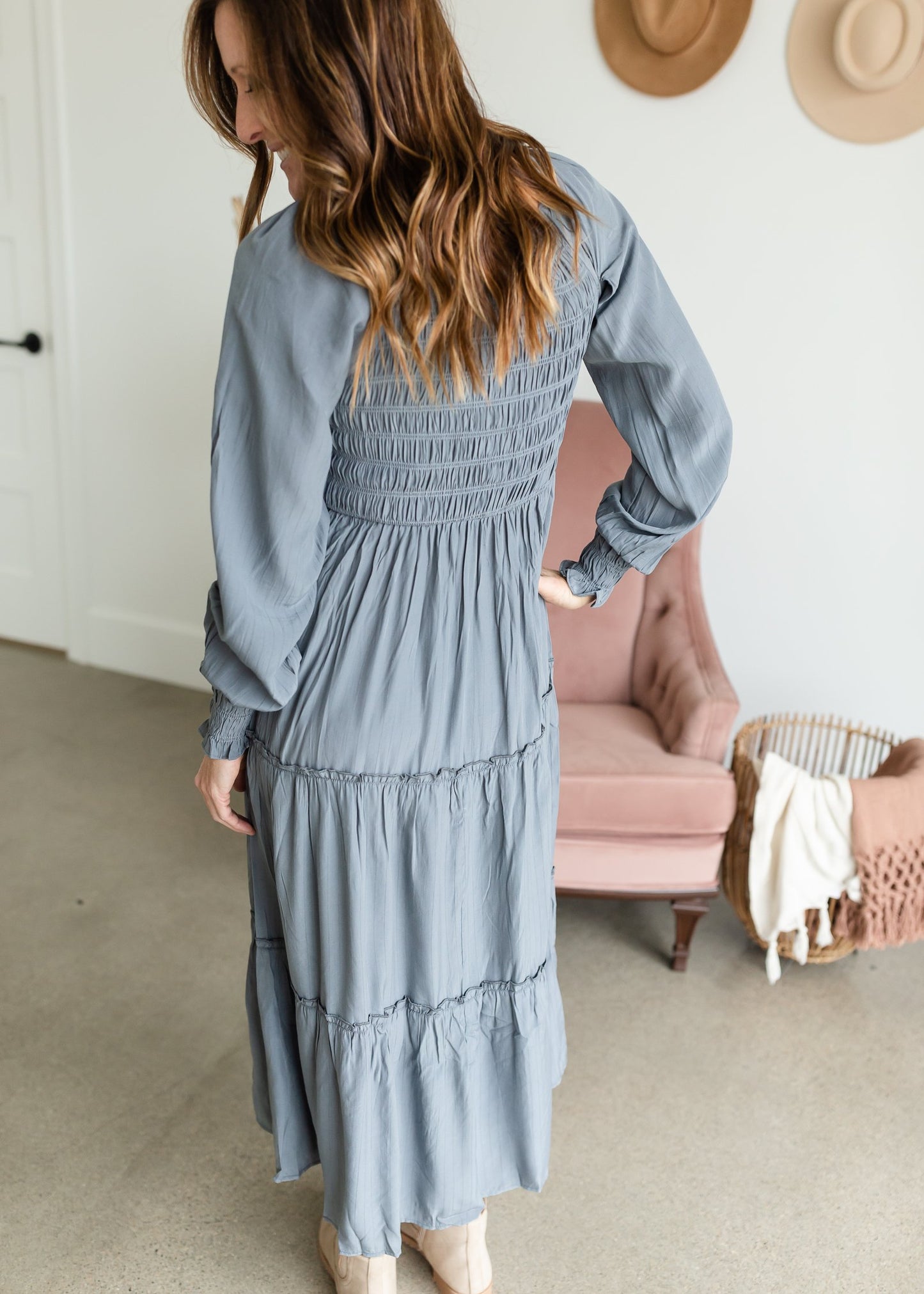 Smocked Square Neck Tiered Ruffle Detail Maxi Dress Dresses Polagram