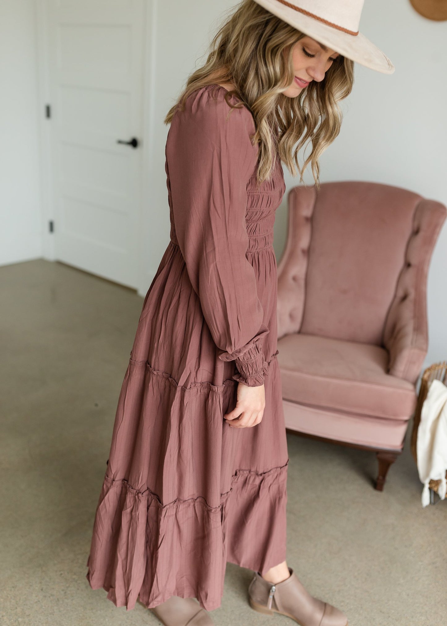 Smocked Square Neck Tiered Ruffle Detail Maxi Dress Dresses Polagram