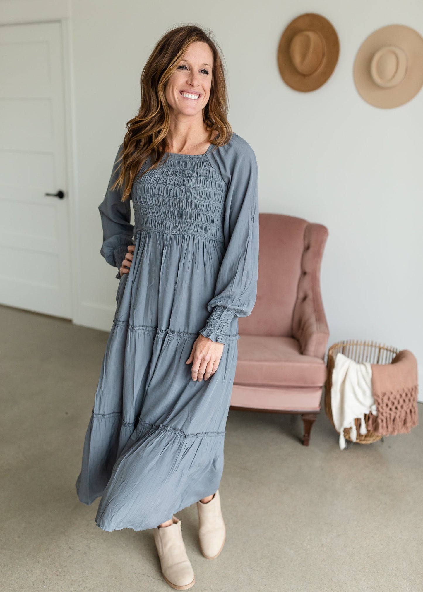 Smocked Square Neck Tiered Ruffle Detail Maxi Dress Dresses Polagram Slate / S