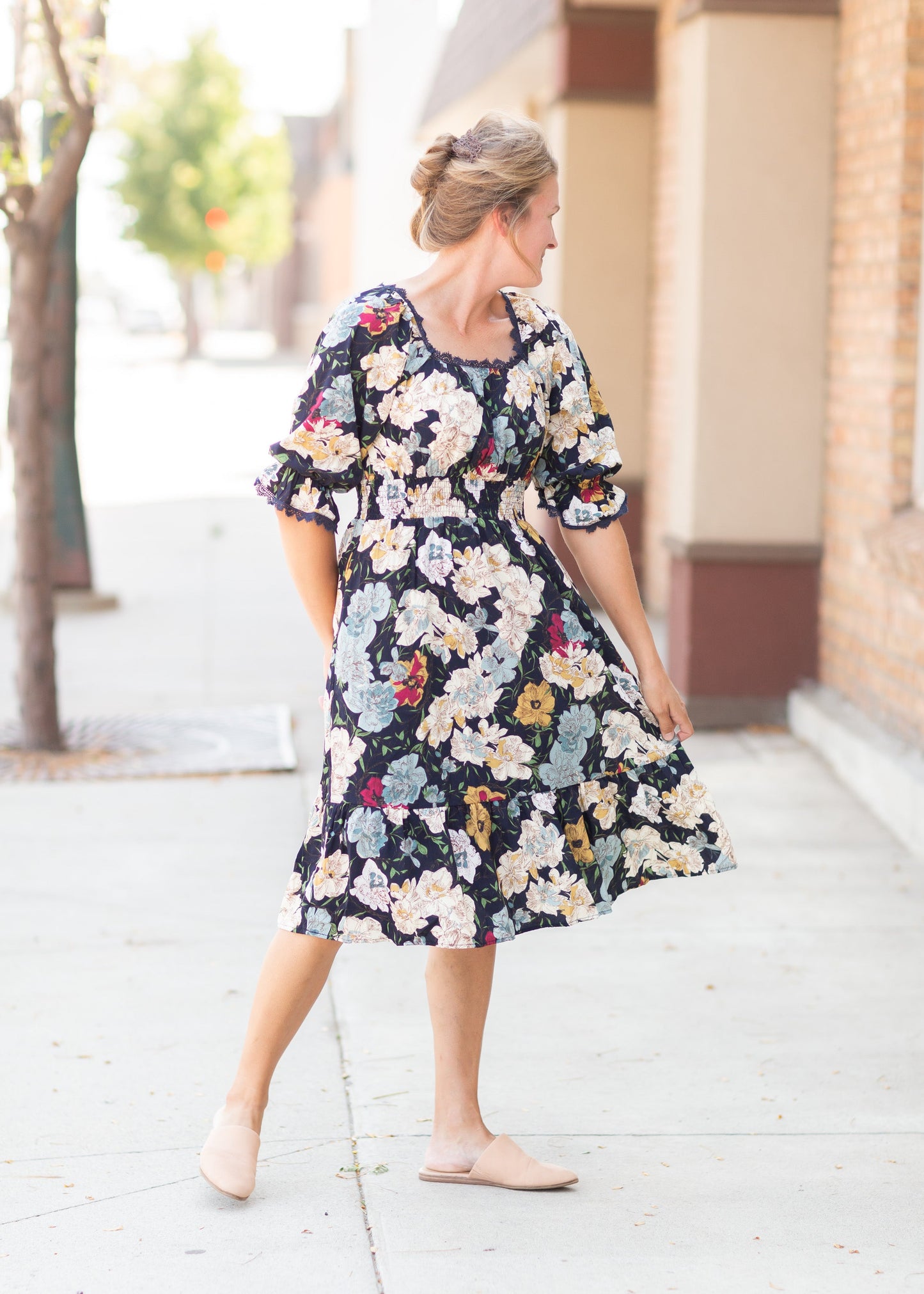 Square Neck Midi Dress with Lace Trim Dresses