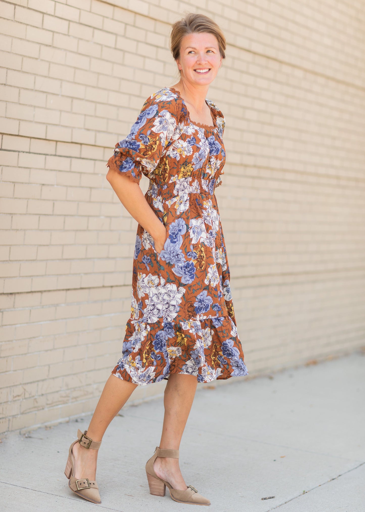 Square Neck Midi Dress with Lace Trim Dresses