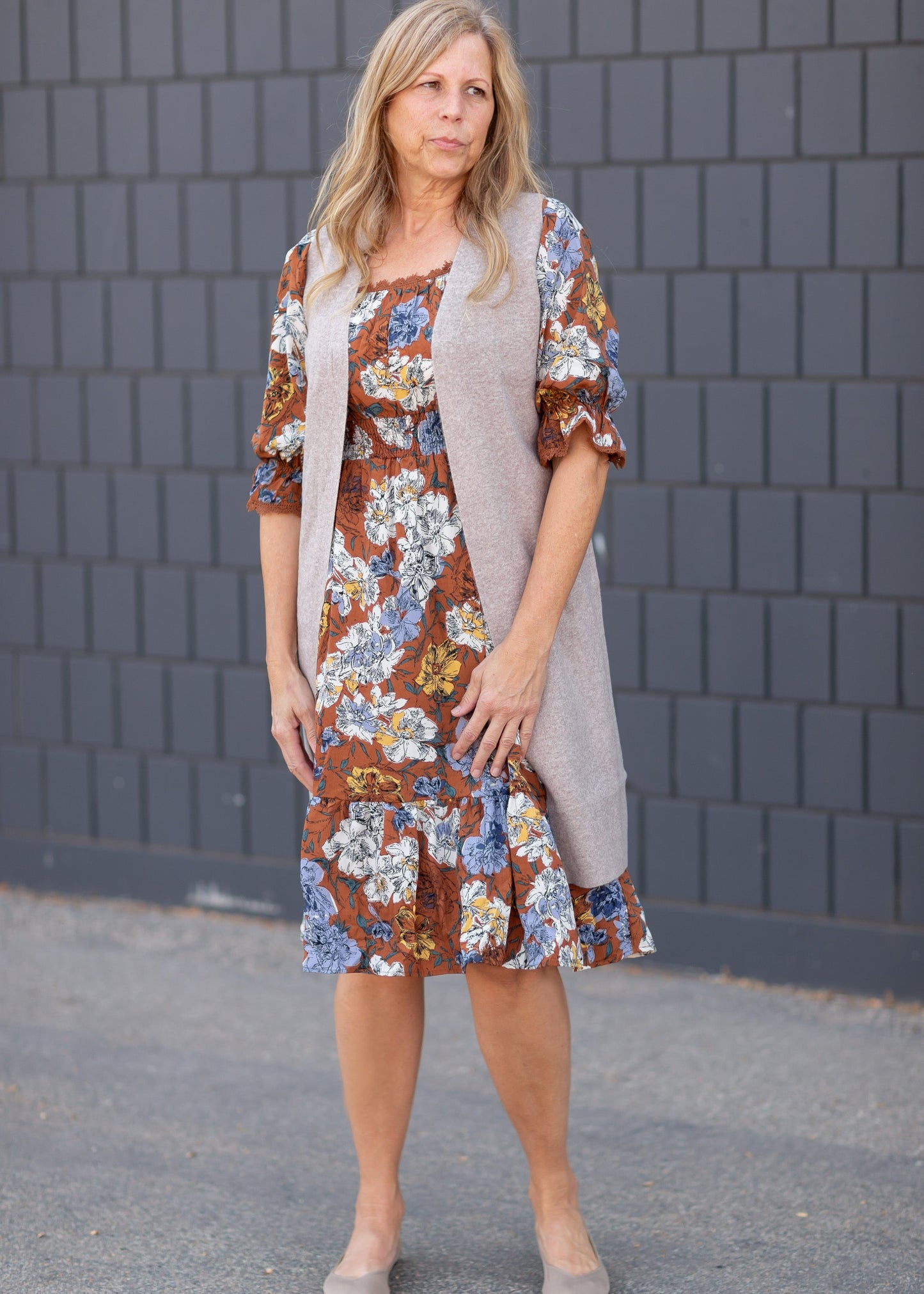 Square Neck Midi Dress with Lace Trim Dresses