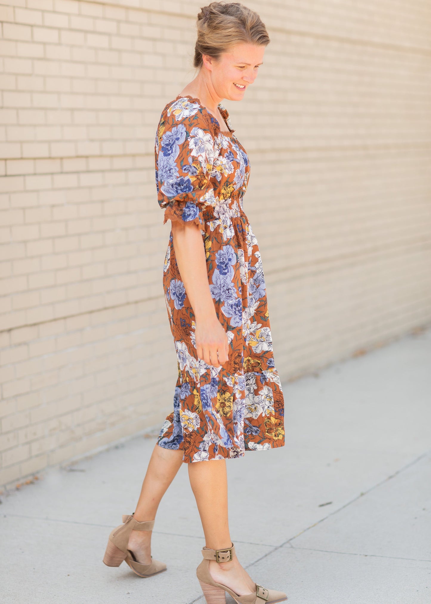 Square Neck Midi Dress with Lace Trim Dresses Brown / S