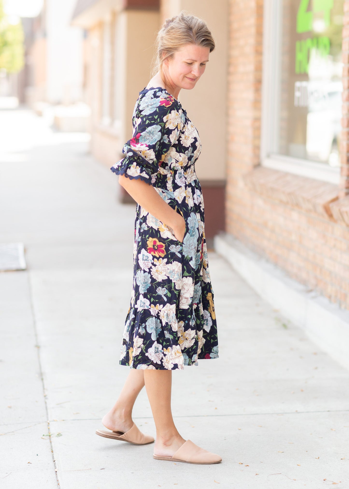 Square Neck Midi Dress with Lace Trim Dresses Navy / S